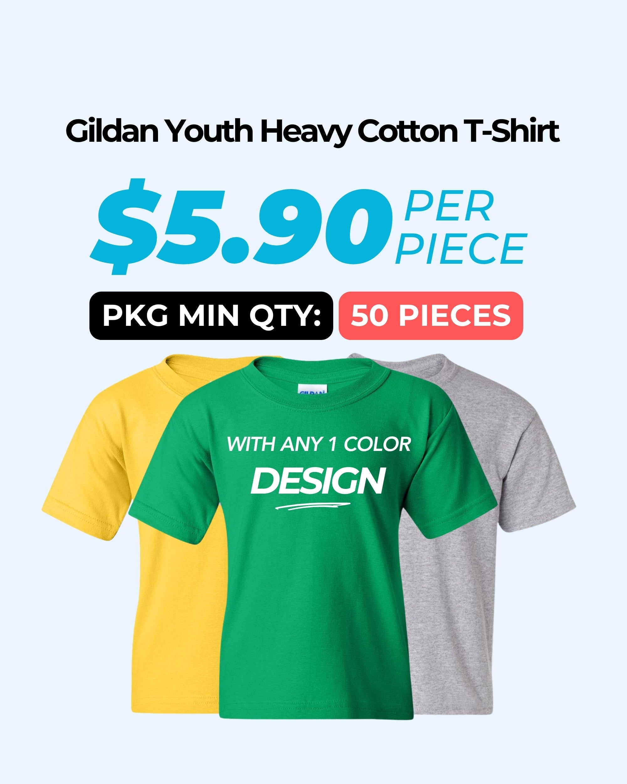 Gildan Heavy Cotton™ (CHILD SIZES) Youth T-Shirt Package (50 Pieces)