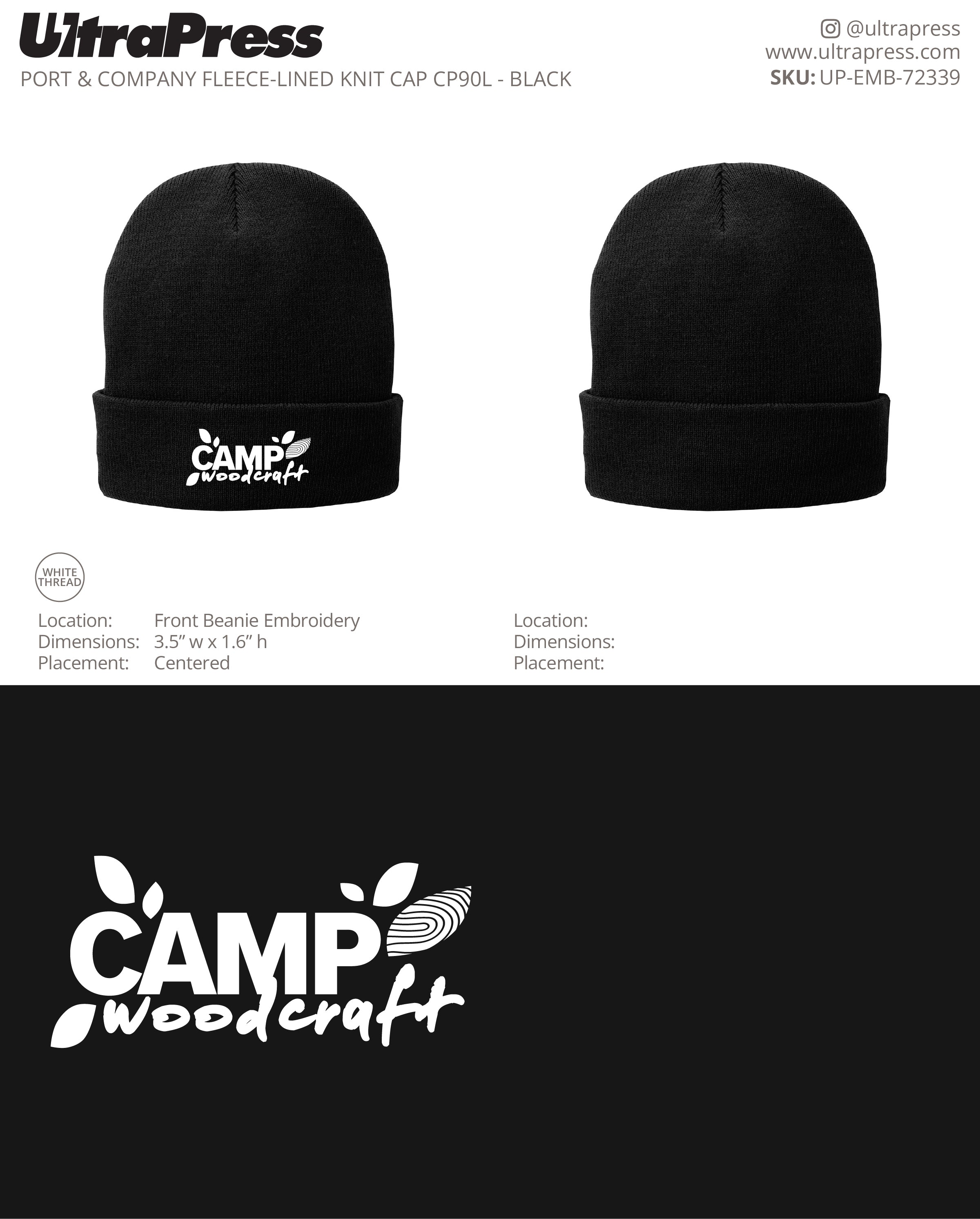 UP-EMB-72339 Camp Woodcraft Embroidered Logo (Beanies) - Israel Serna 250 Min Qty (Bulk)