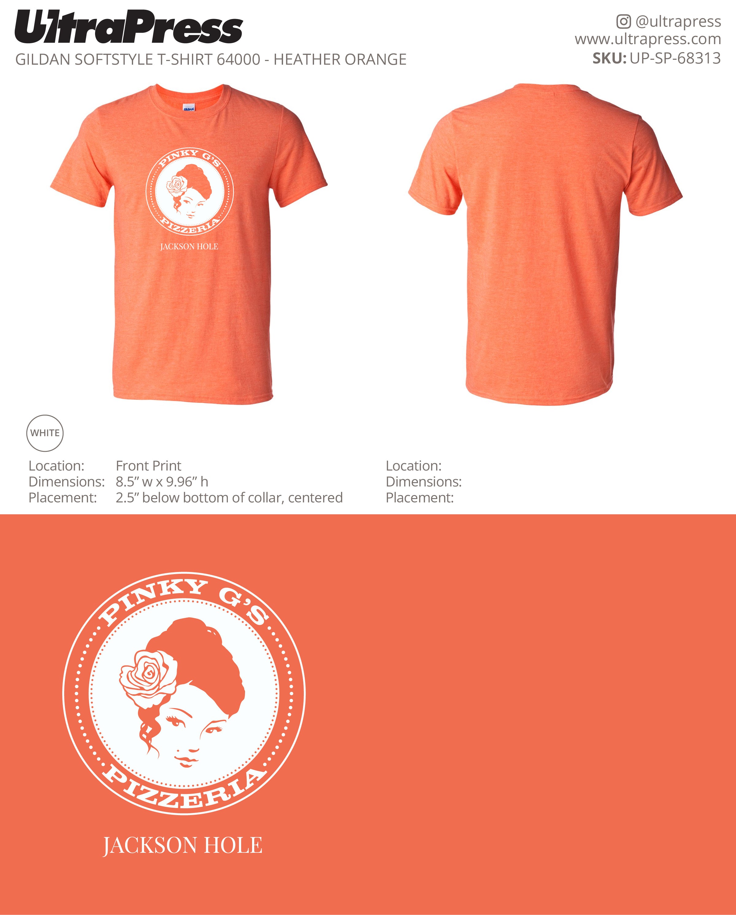 UP-SP-68313 Pinky G's White Logo Heather Orange - Deaglan Collins 100 Min Qty (Bulk)