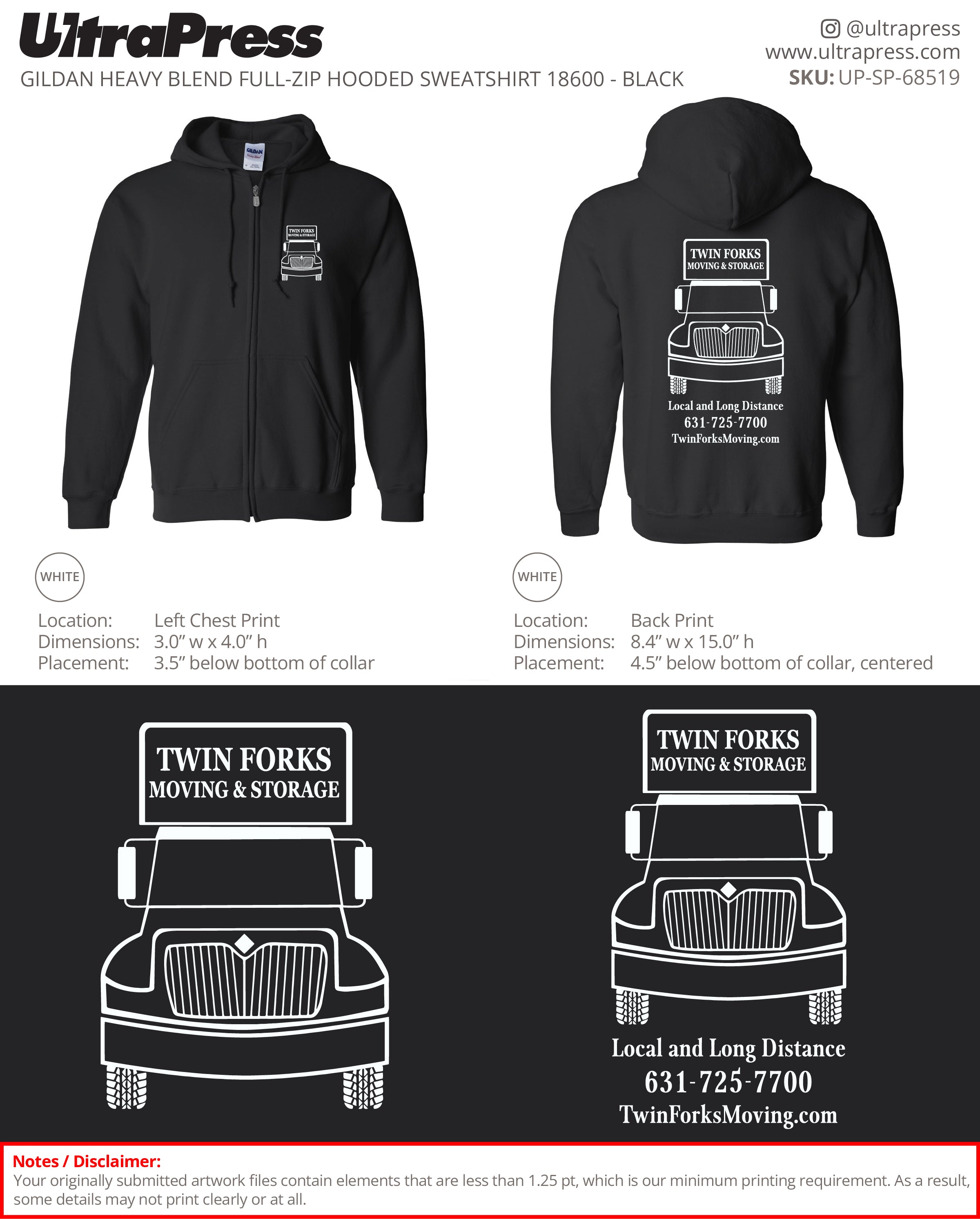 UP-SP-68519 Twin Forks Moving and Storage (White Ink) Hoodies Zip - Cate Quigley 50 Min Qty (Bulk)