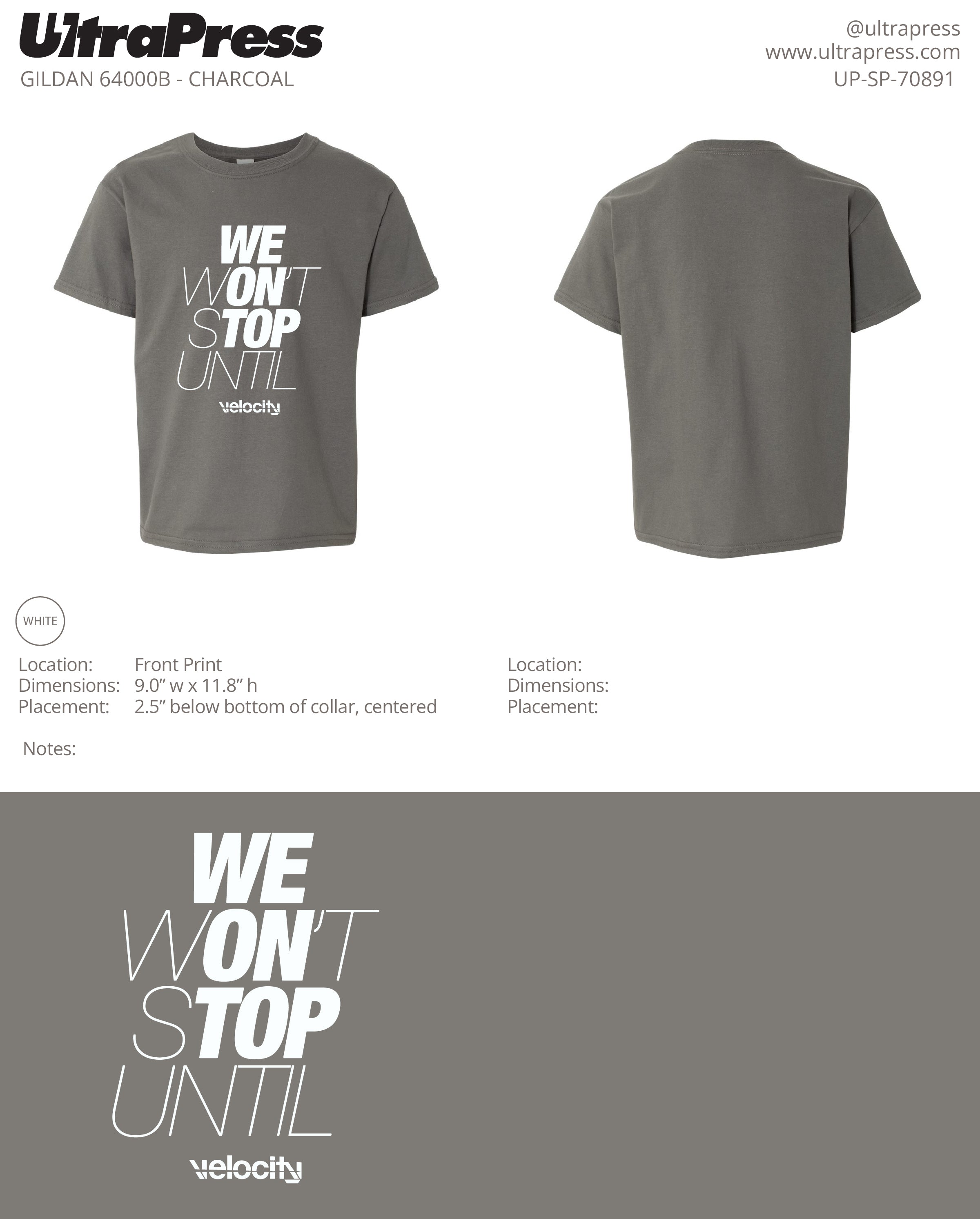 UP-SP-70891 Velocity YOUTH Tees - Cory Jones - 100 Min Qty Package Deal (Bulk)