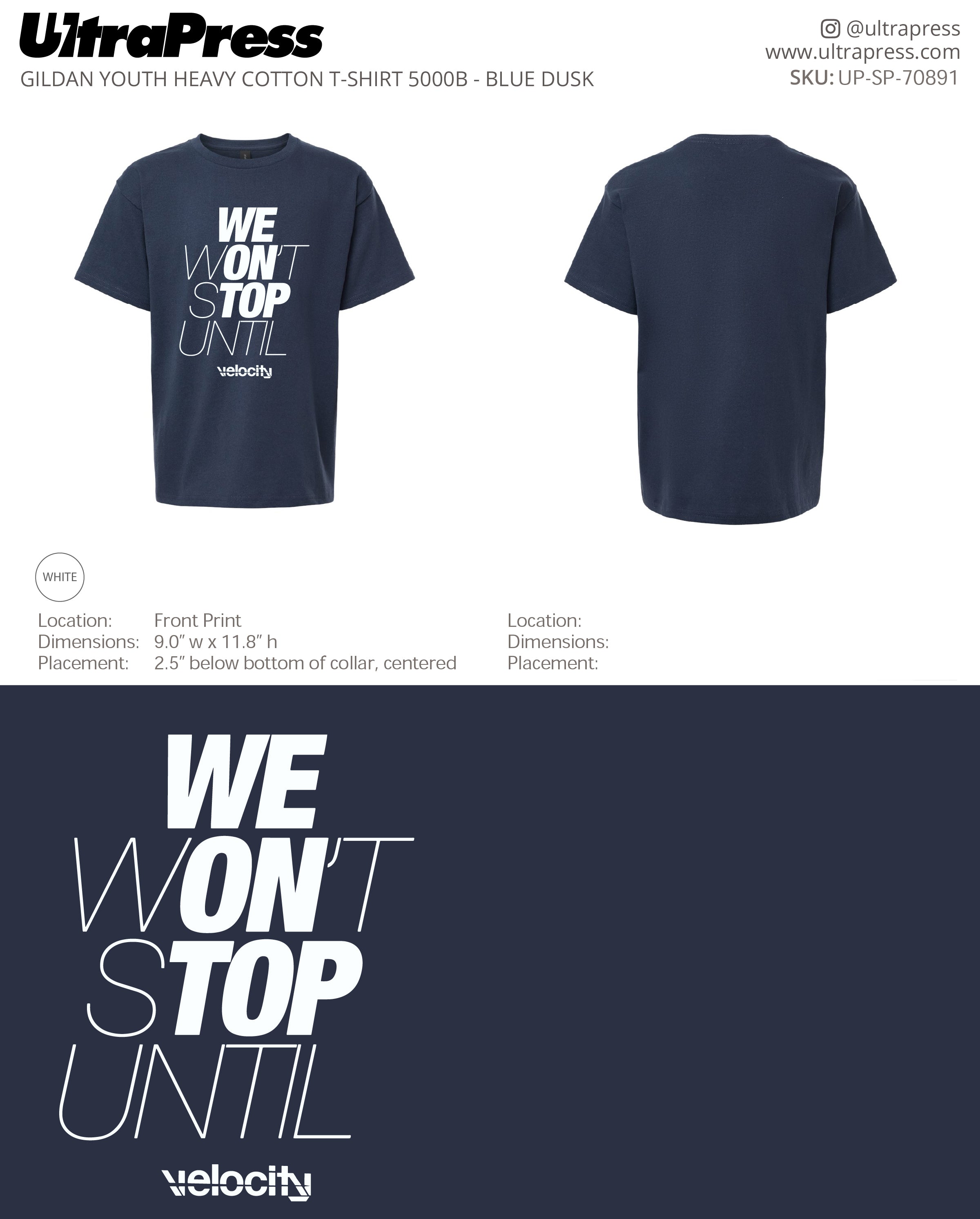 UP-SP-70891 Velocity Youth Blue Dusk Shirts - Cory Jones 100 Min Qty (Bulk)