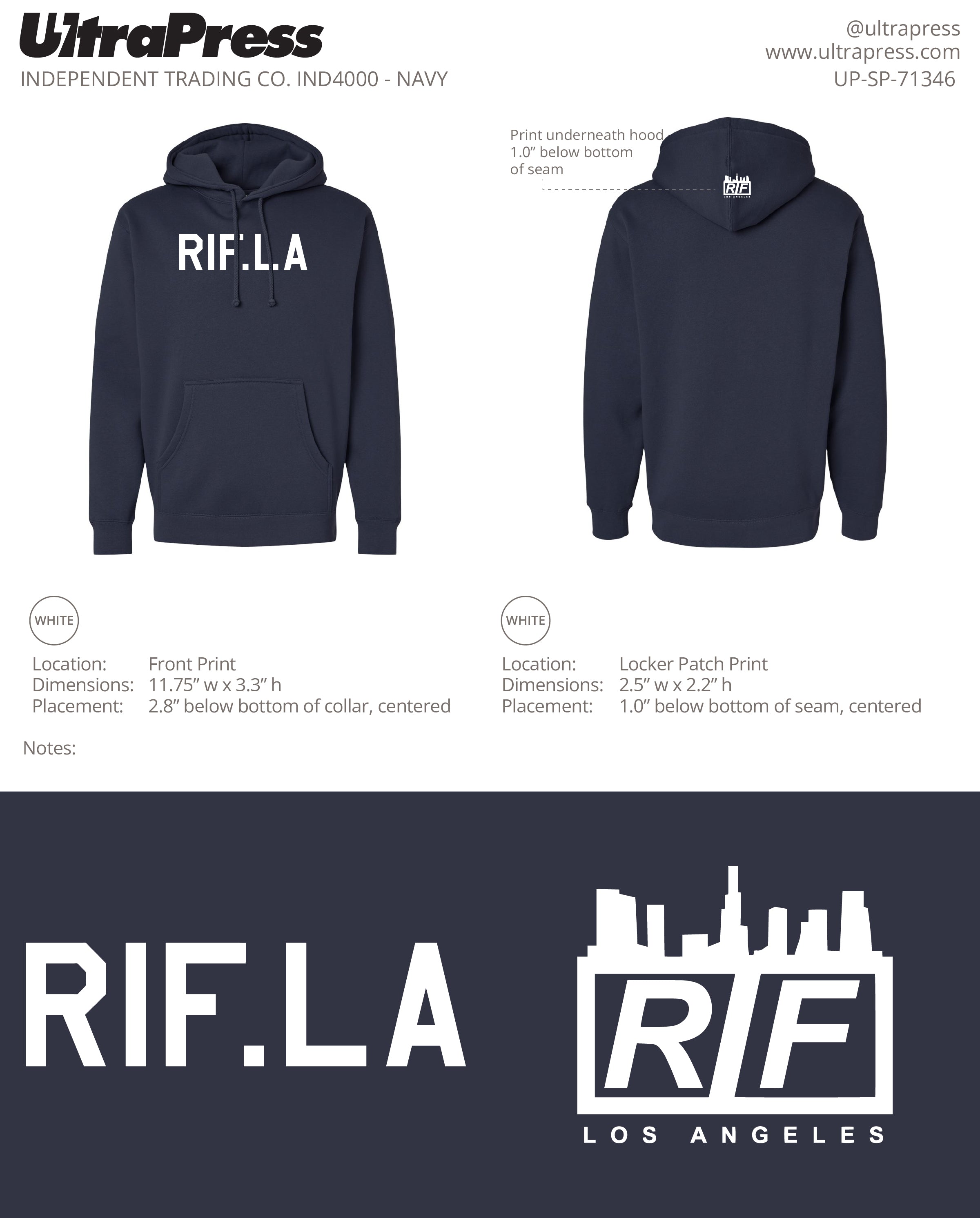 UP-SP-71346 RIF.LA Hoodies - White Ink 72 Min Qty (Bulk)