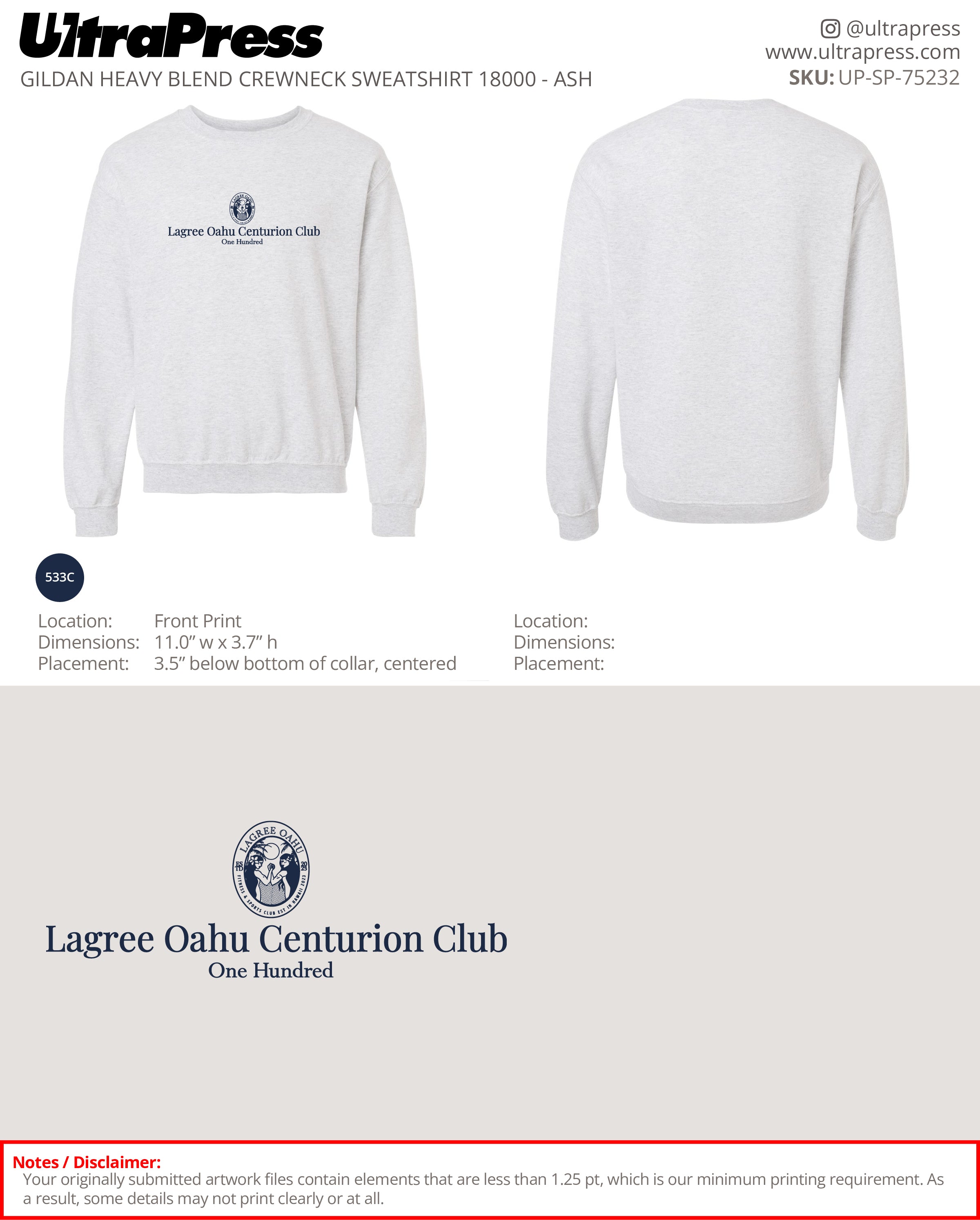 UP-SP-75232 Largee Oahu Centurion Club (Ash Sweatshirts) - Sunny Oh - 50 Min Qty (Bulk)