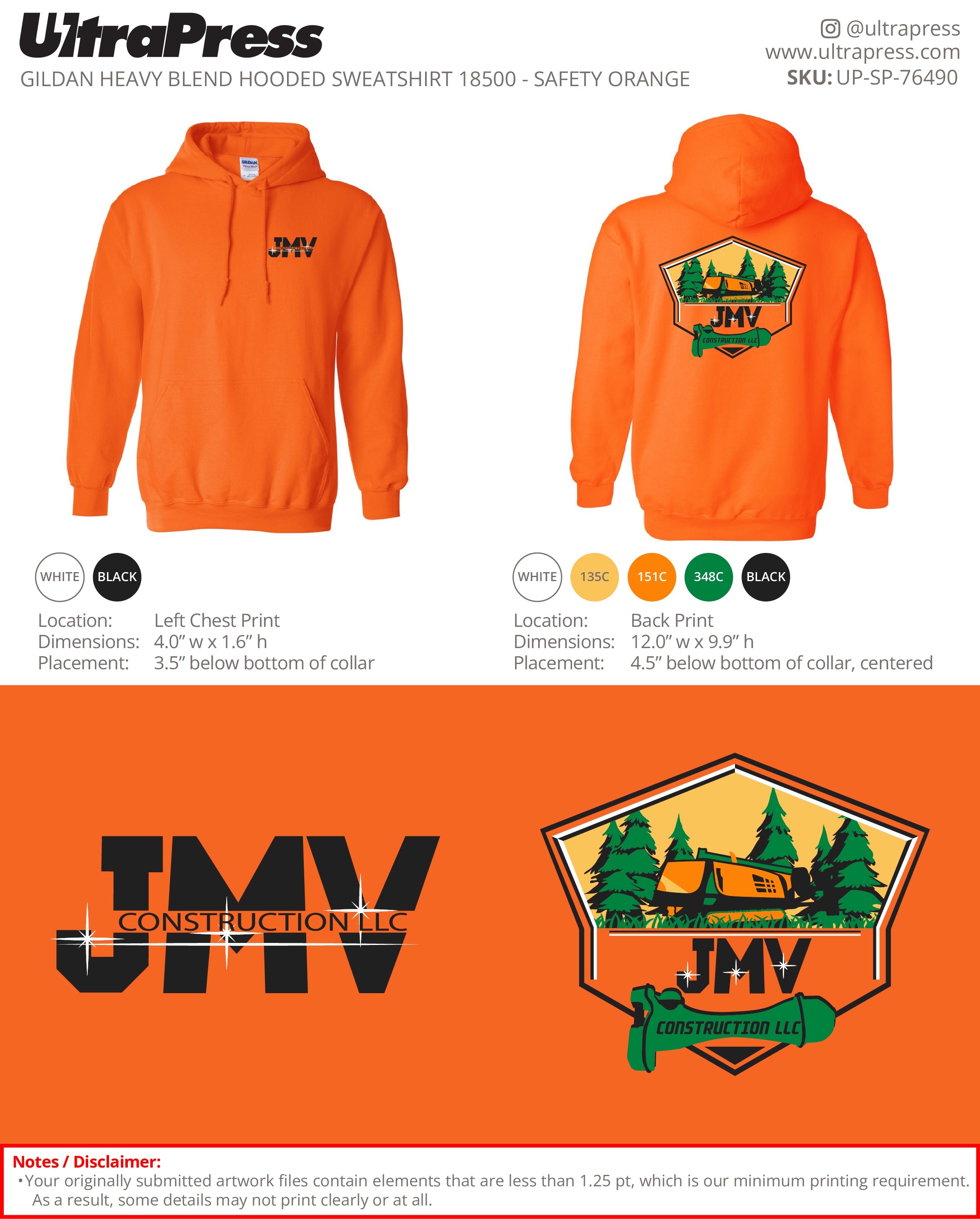 UP-SP-76490 JMV Construction LLC Hoodie - Veronica Tellez 48 Min Qty (Bulk)