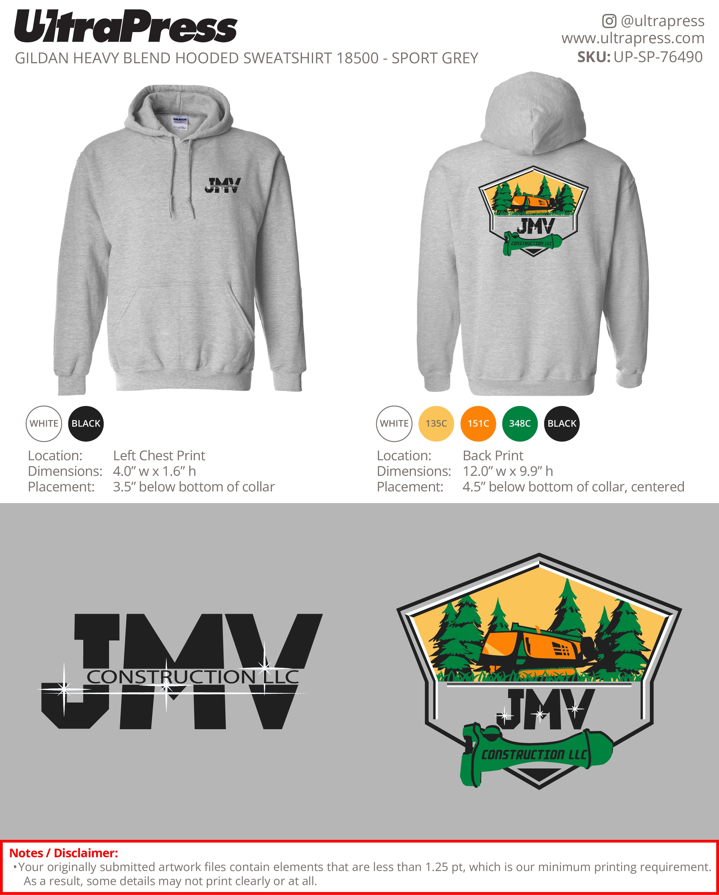 UP-SP-76490 JMV Construction LLC Hoodie - Veronica Tellez 48 Min Qty (Bulk)