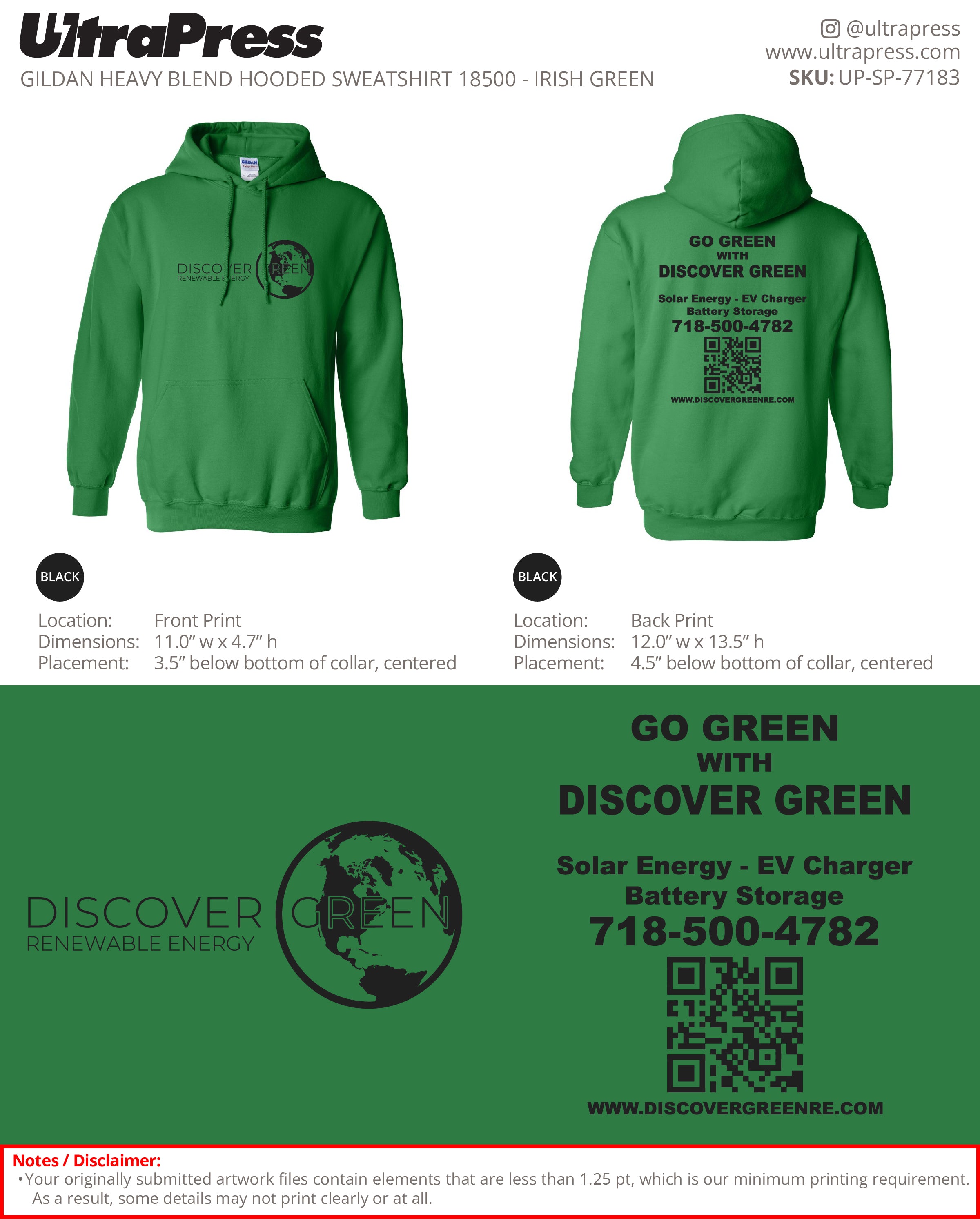 UP-SP-77183 Go Green With Discover Green Hoodies - Shane Bridgmanhen 50 Min Qty (Bulk)