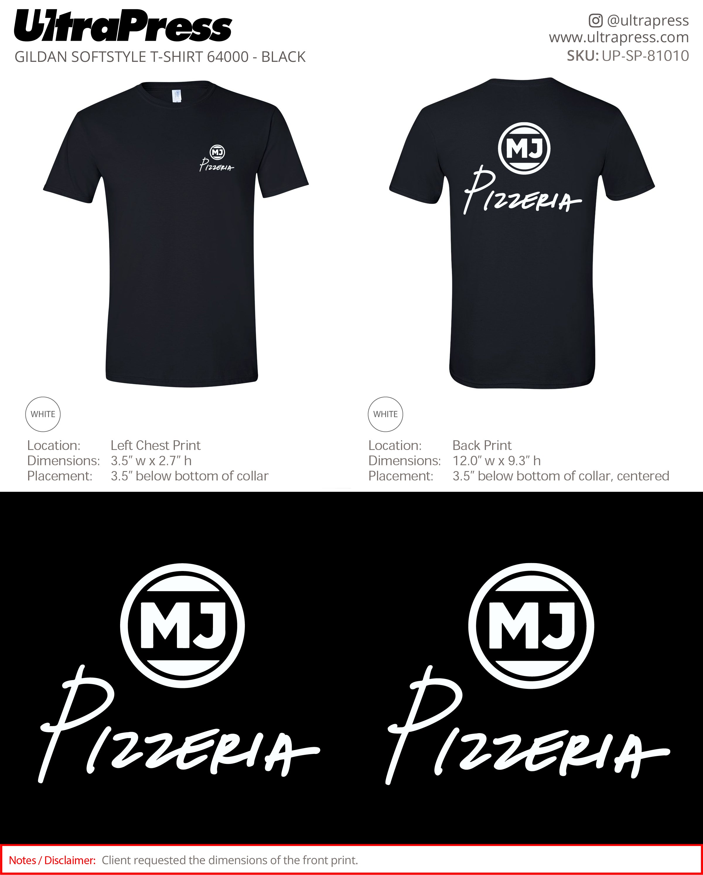 UP-SP-81010 MJ Pizzeria White Logo - Miles James 50 Min Qty (Bulk)