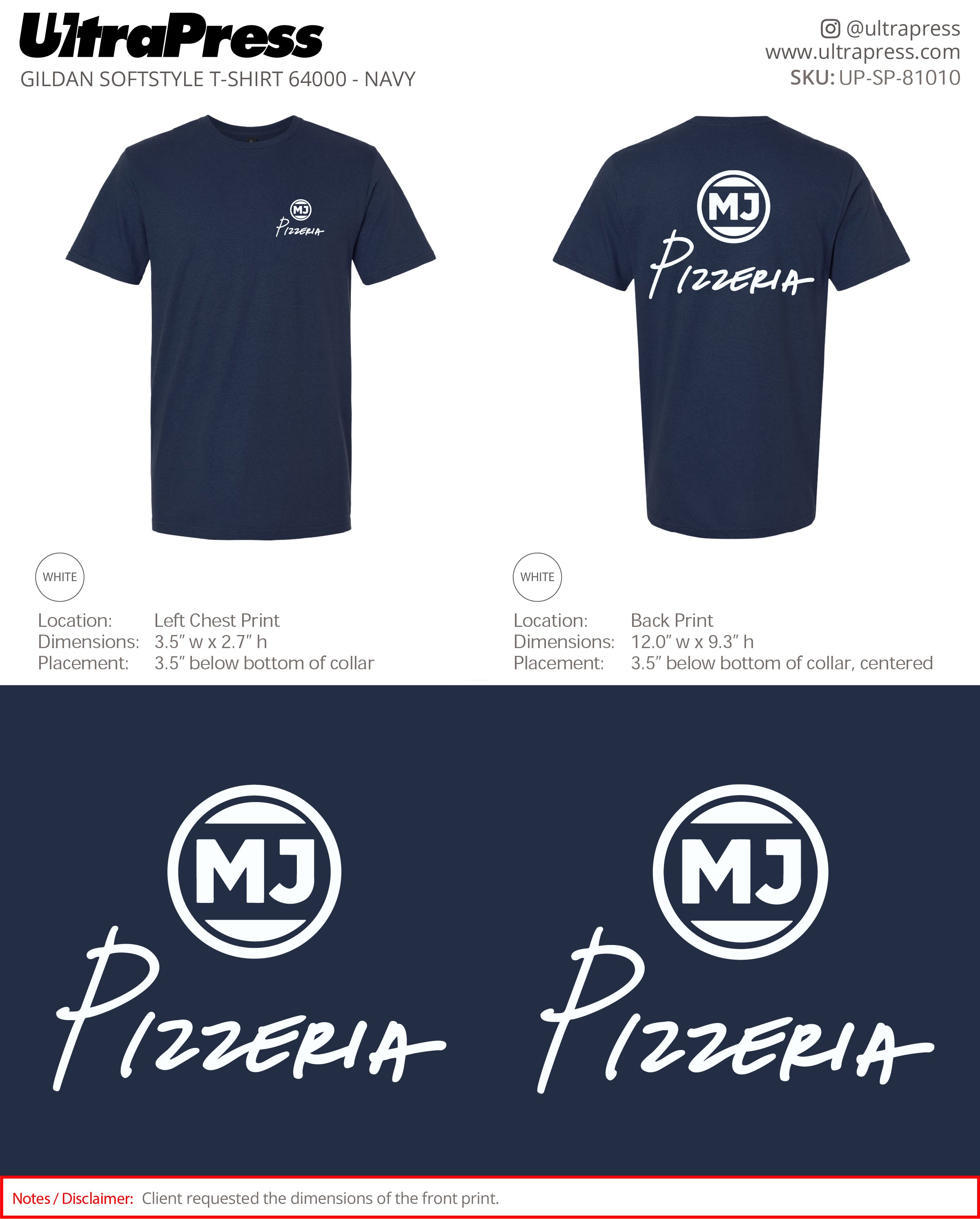 UP-SP-81010 MJ Pizzeria White Logo - Miles James 50 Min Qty (Bulk)