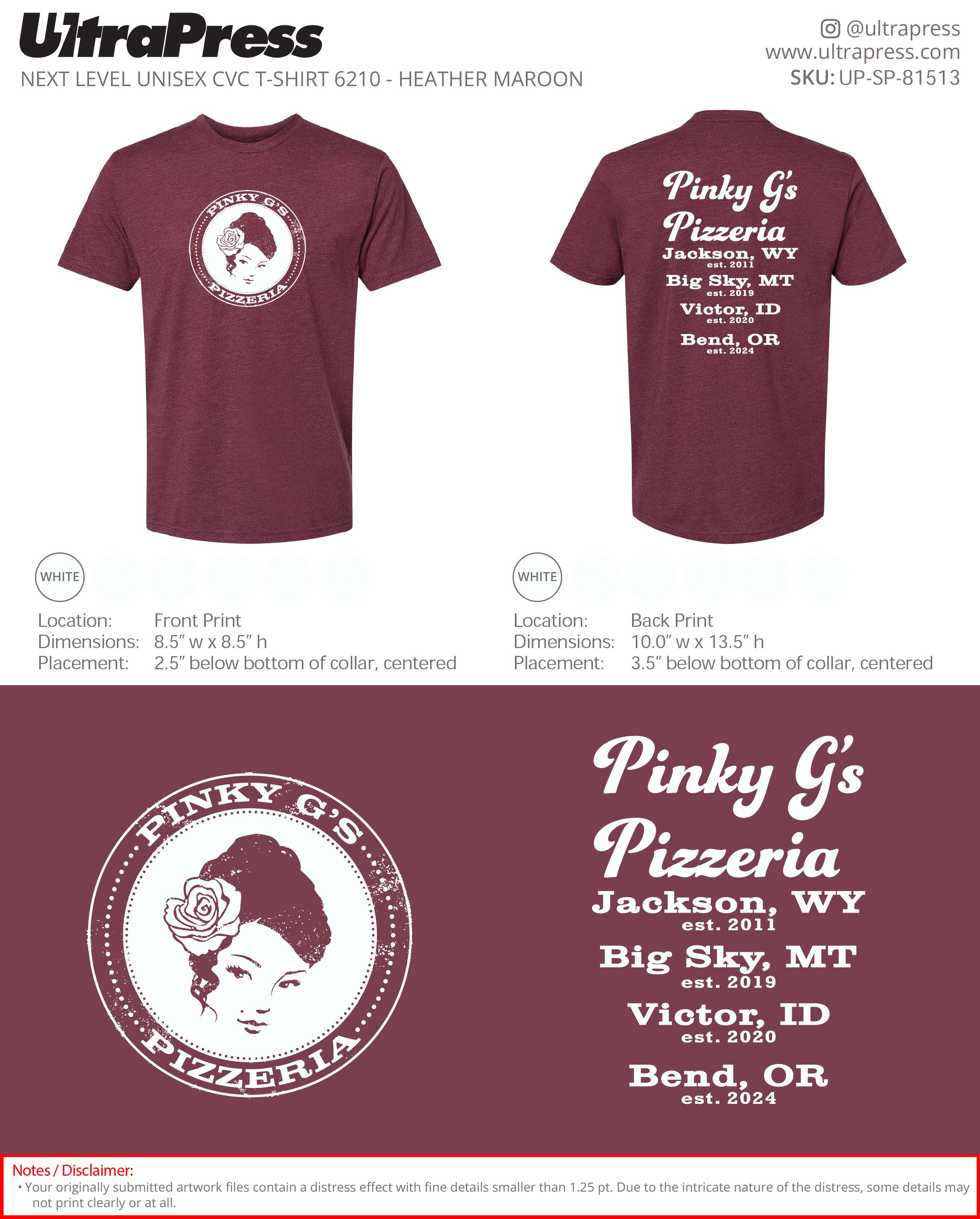 UP-SP-81513 Pinky G's Pizzeria (inverse black and white logo) - Deaglan Collins 50 Pieces Package Deal (Bulk)