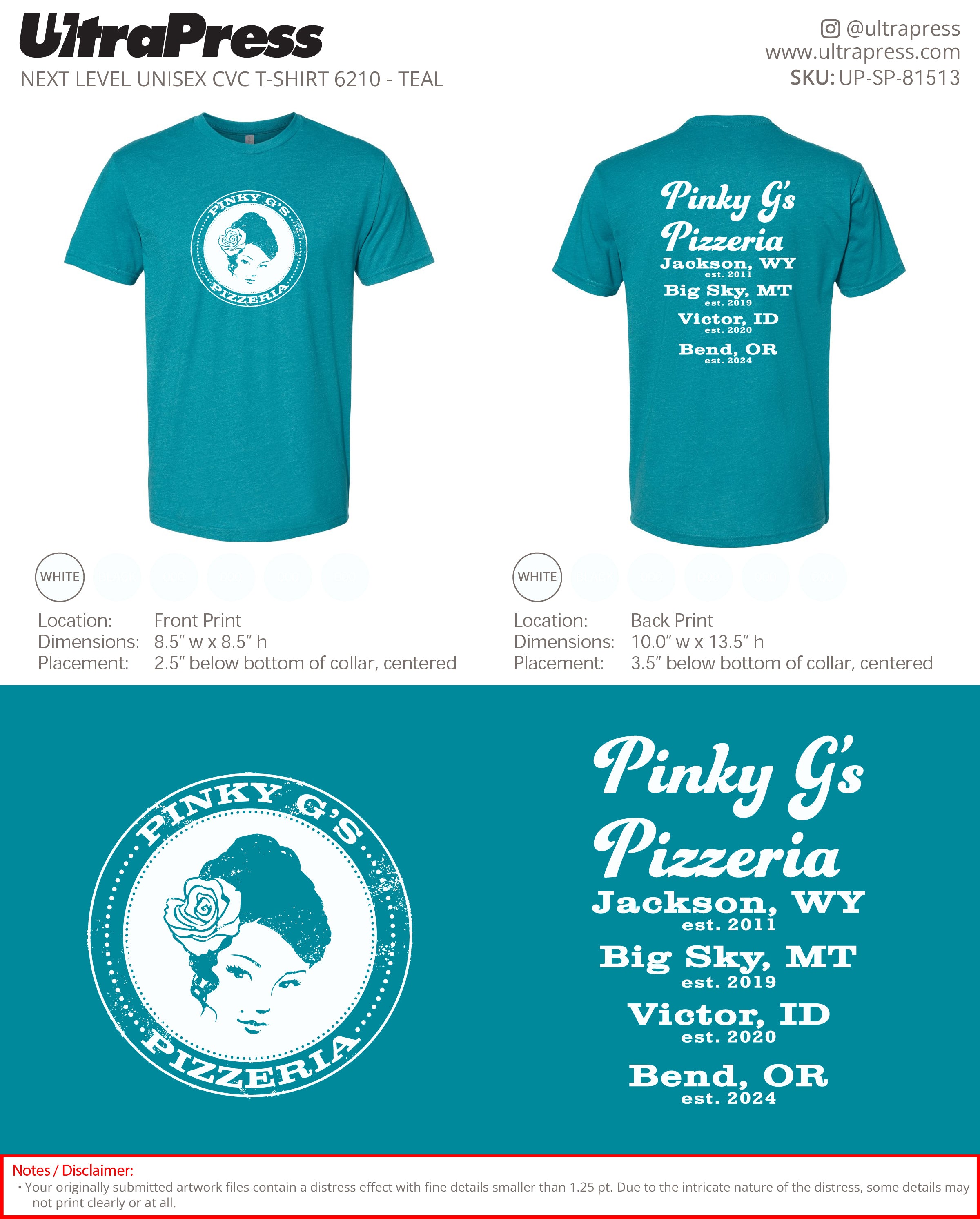 UP-SP-81513 Pinky G's Pizzeria (inverse black and white logo) - Deaglan Collins 50 Pieces Package Deal (Bulk)