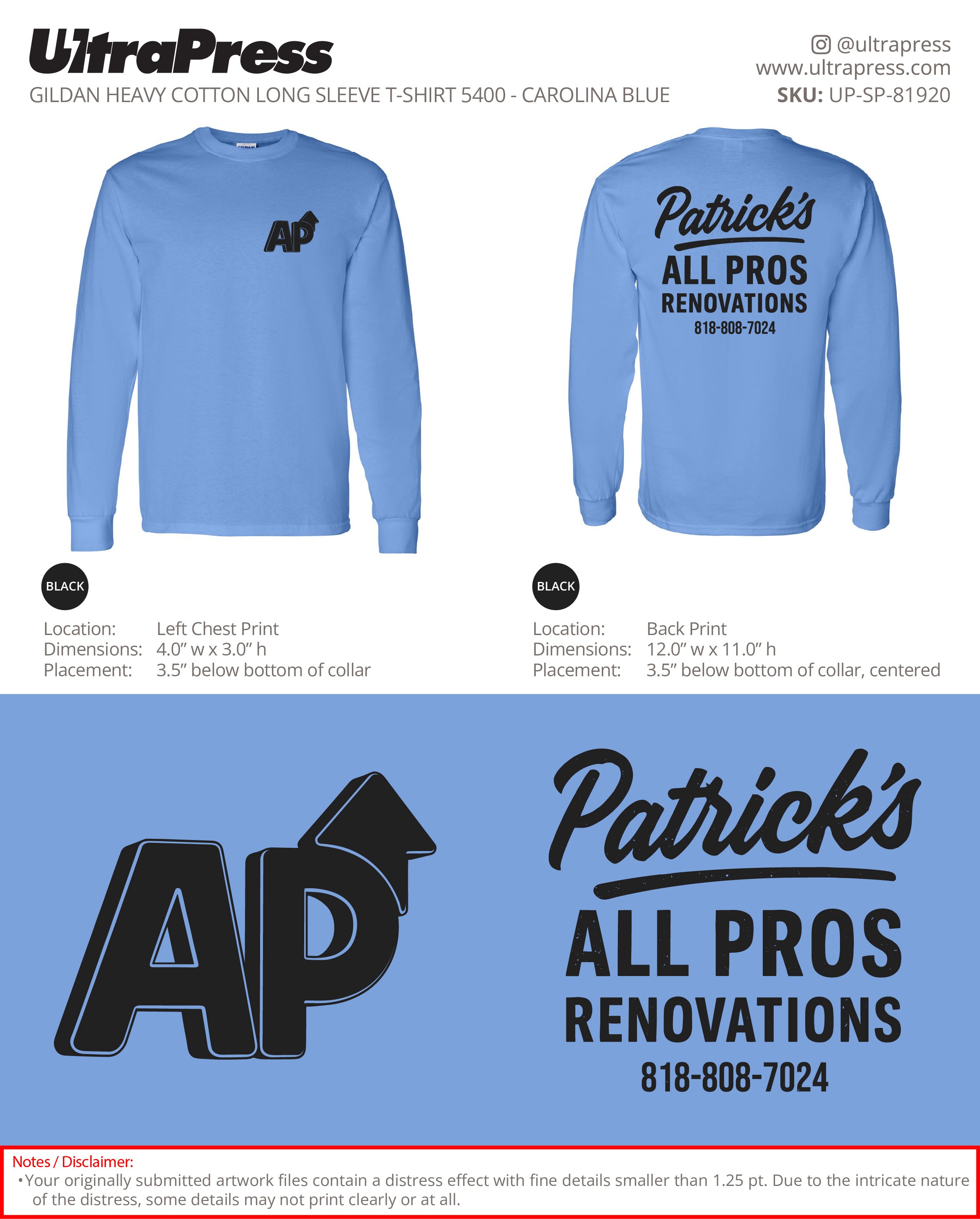 UP-SP-81920 Patrick's All Pros Renovations Long Sleeves - Patrick Lau 50 Min Qty (Bulk)