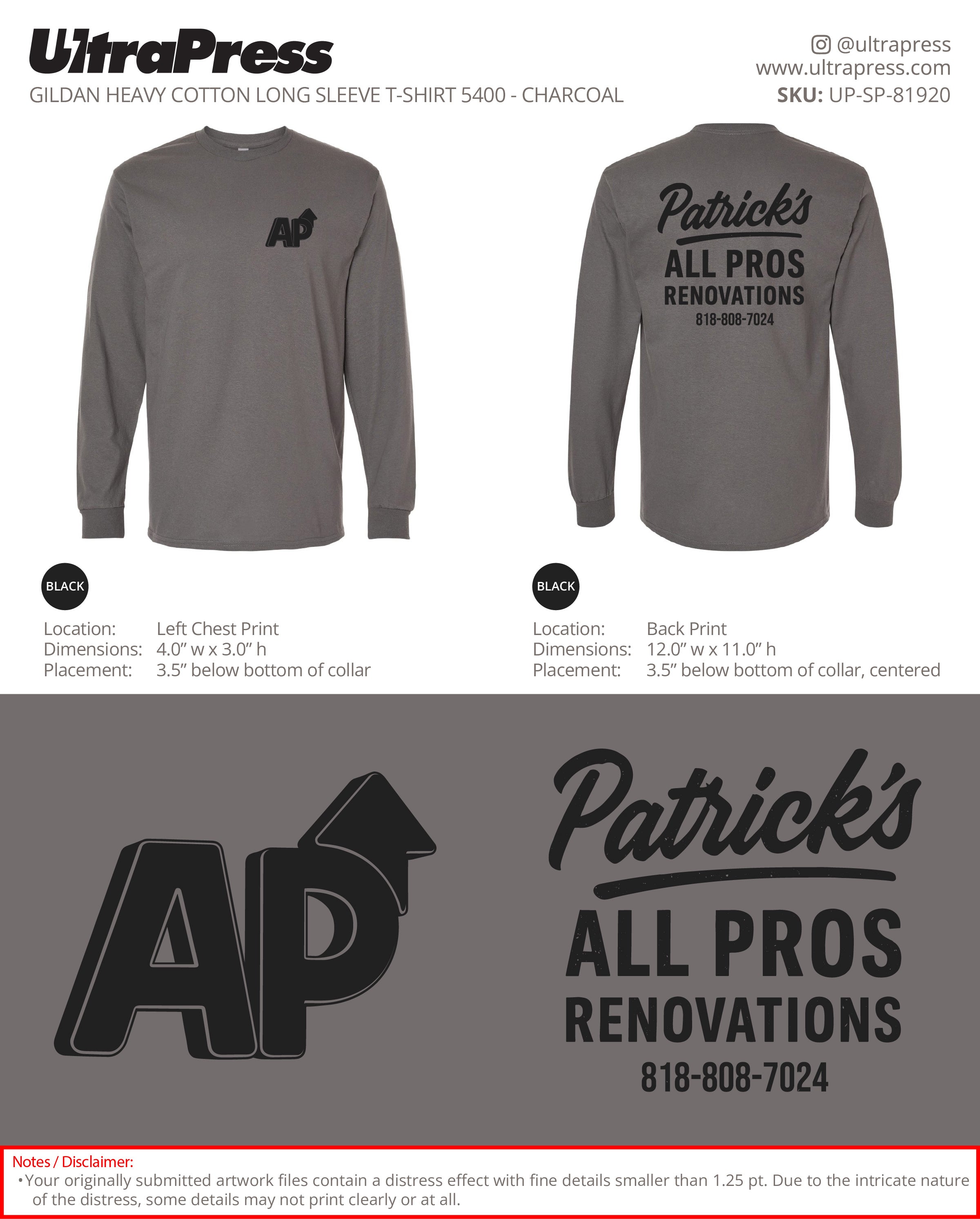 UP-SP-81920 Patrick's All Pros Renovations Long Sleeves - Patrick Lau 50 Min Qty (Bulk)