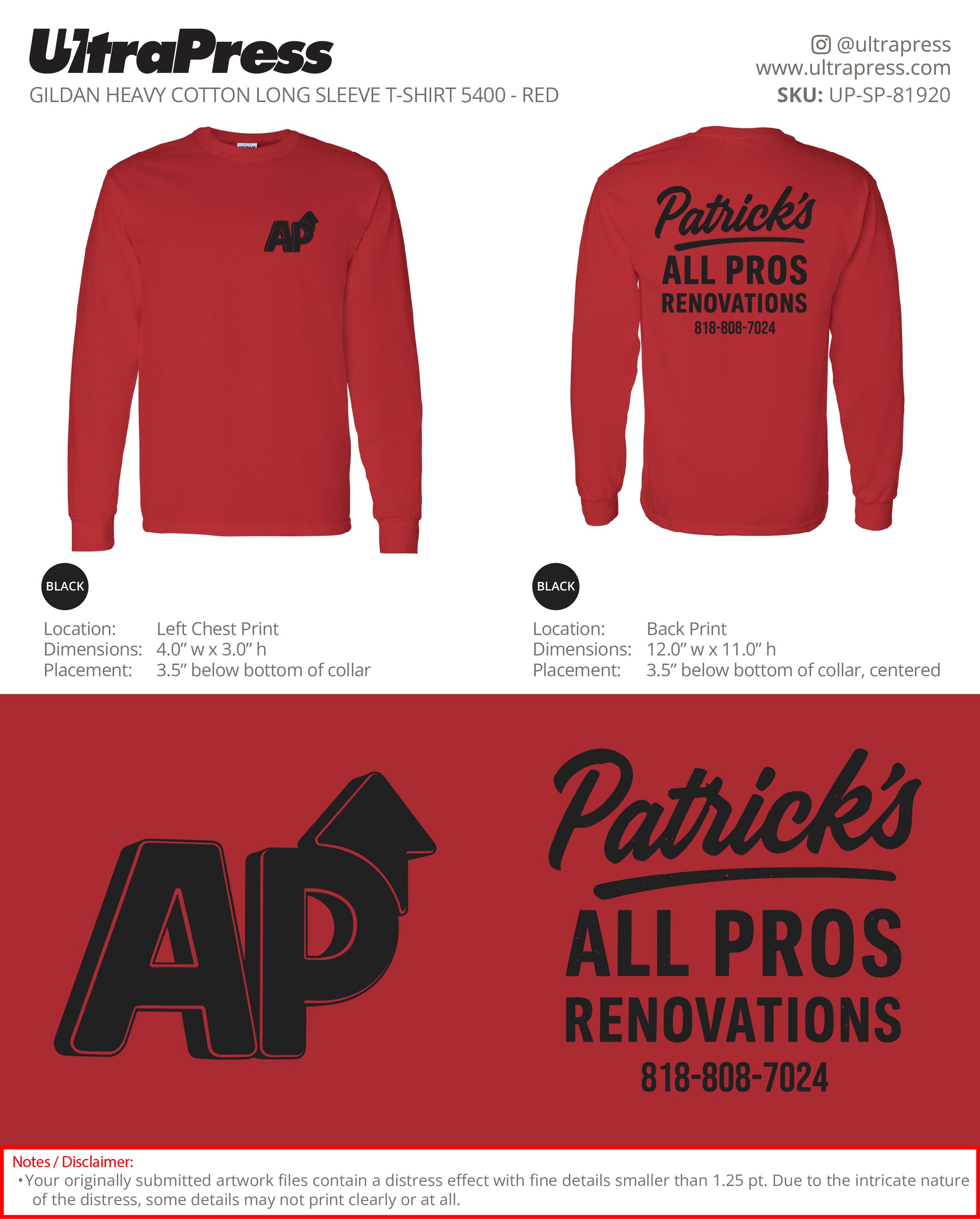 UP-SP-81920 Patrick's All Pros Renovations Long Sleeves - Patrick Lau 50 Min Qty (Bulk)