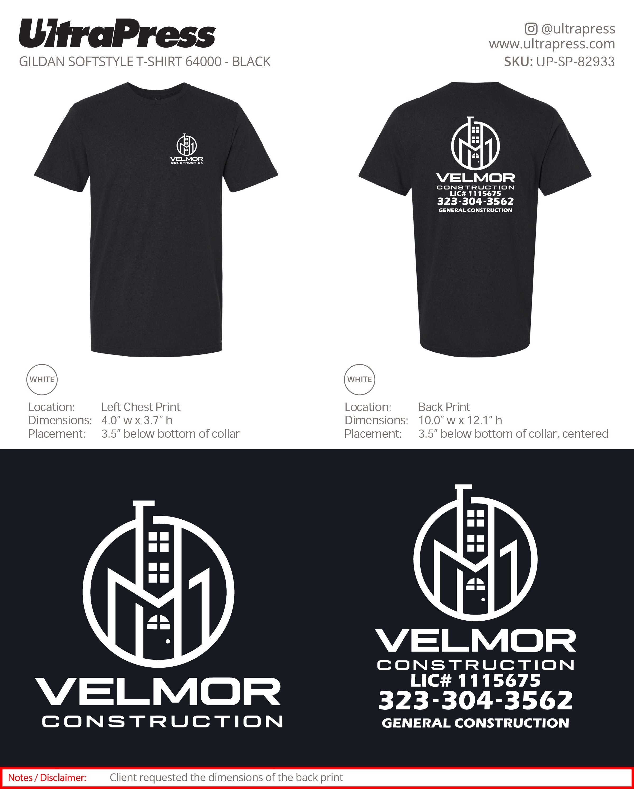 UP-SP-82933 VELMOR CONSTRUCTION Tees - VELMOR CONSTRUCTION 100 Pieces Package Deal (Bulk)