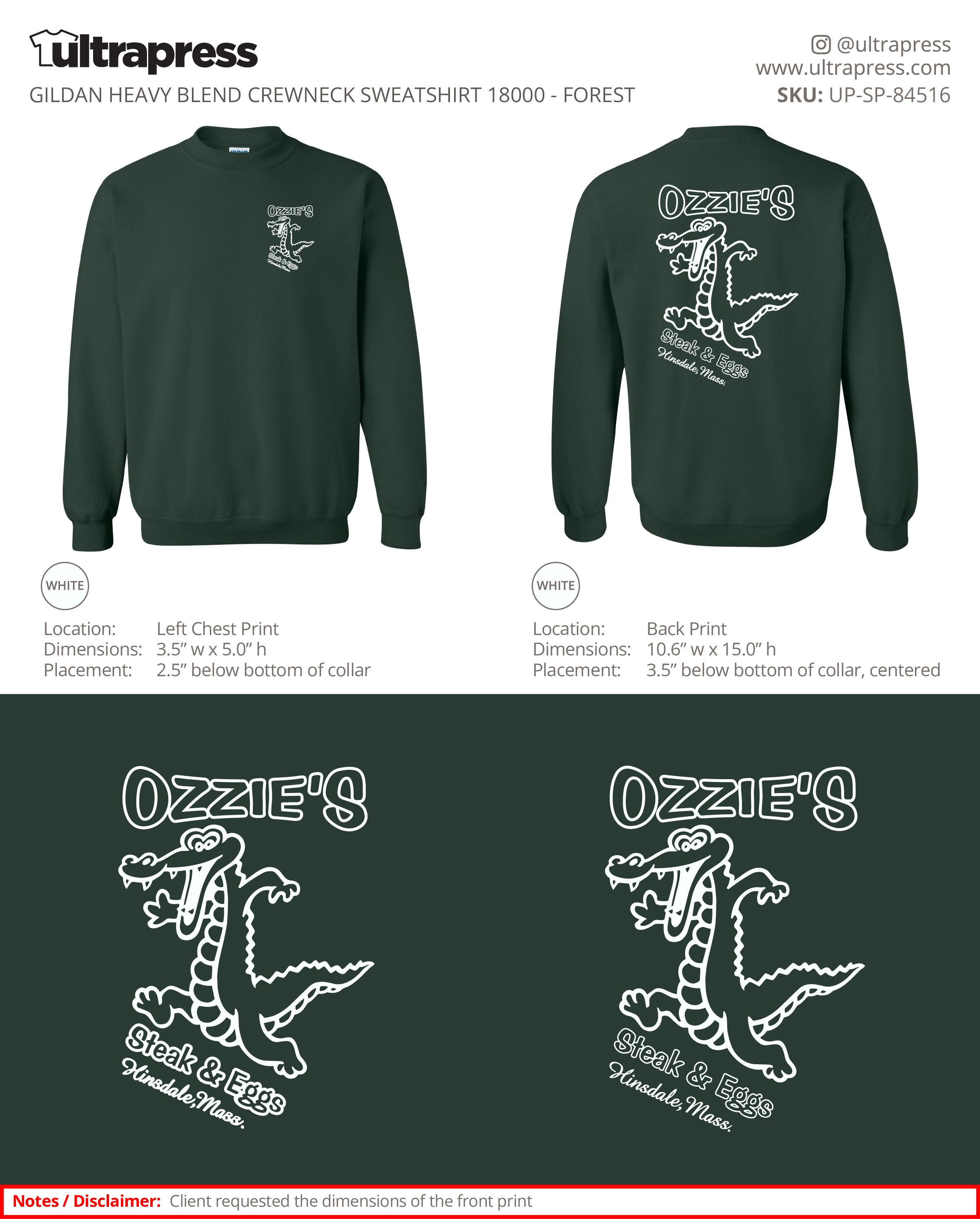 UP-SP-84516 Ozzie's Steak & Eggs Crewnecks - Alan Lussier - 50 Min Qty - Package Deal (Bulk)