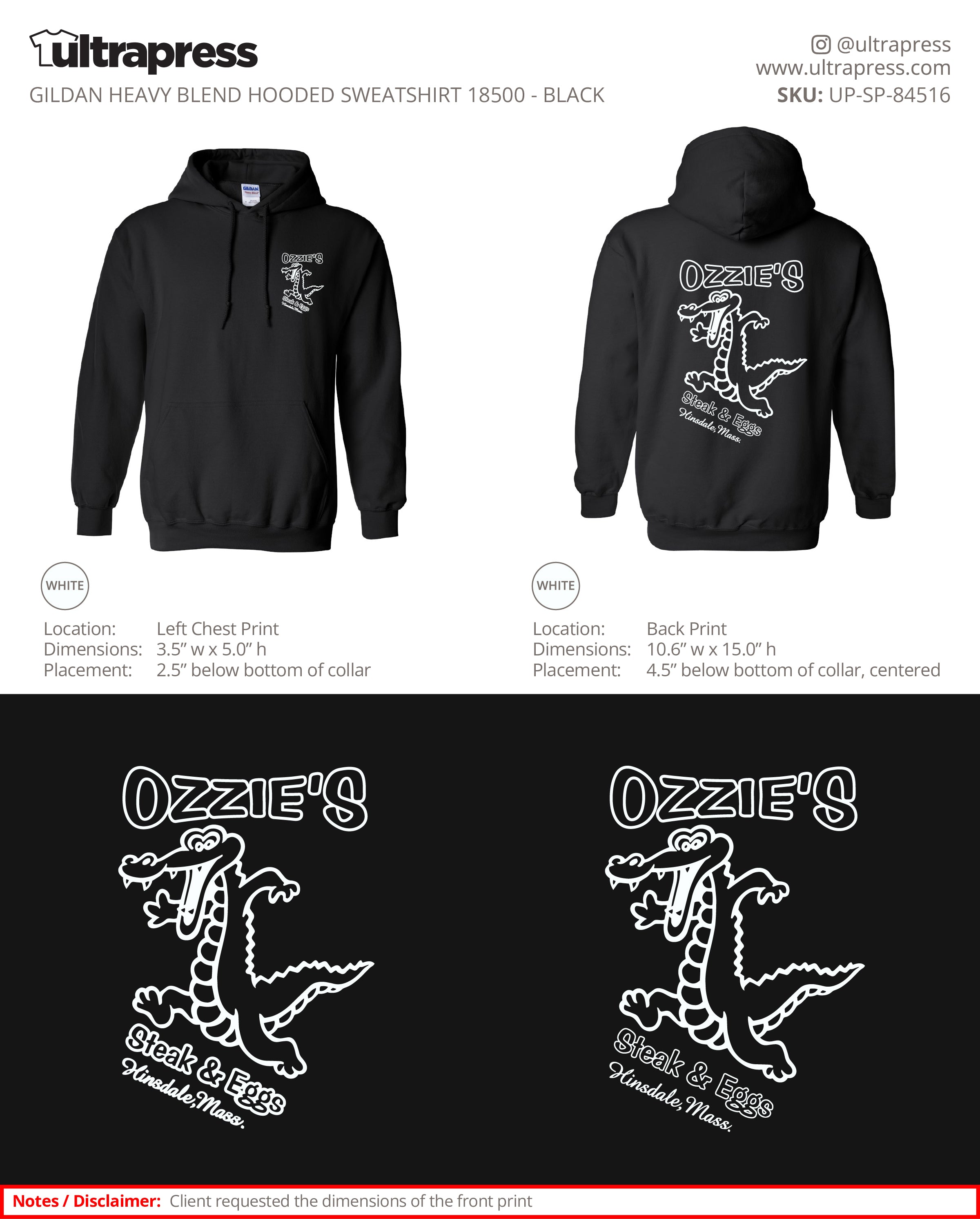 UP-SP-84516 Ozzie's Steak & Eggs Hoodies - Alan Lussier - 50 Min Qty - Package Deal (Bulk)