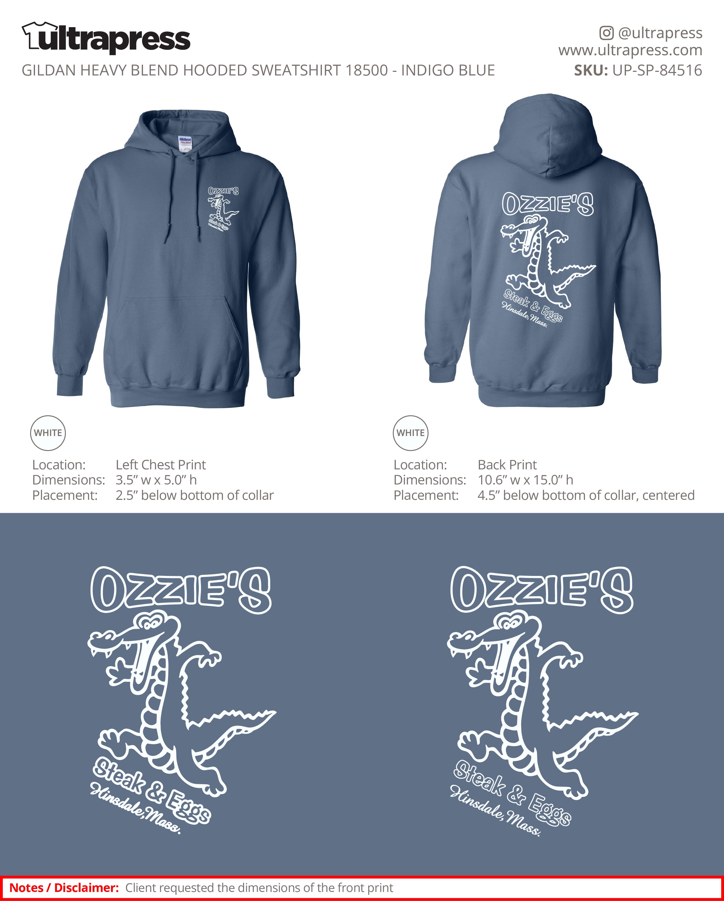 UP-SP-84516 Ozzie's Steak & Eggs Hoodies - Alan Lussier - 50 Min Qty - Package Deal (Bulk)