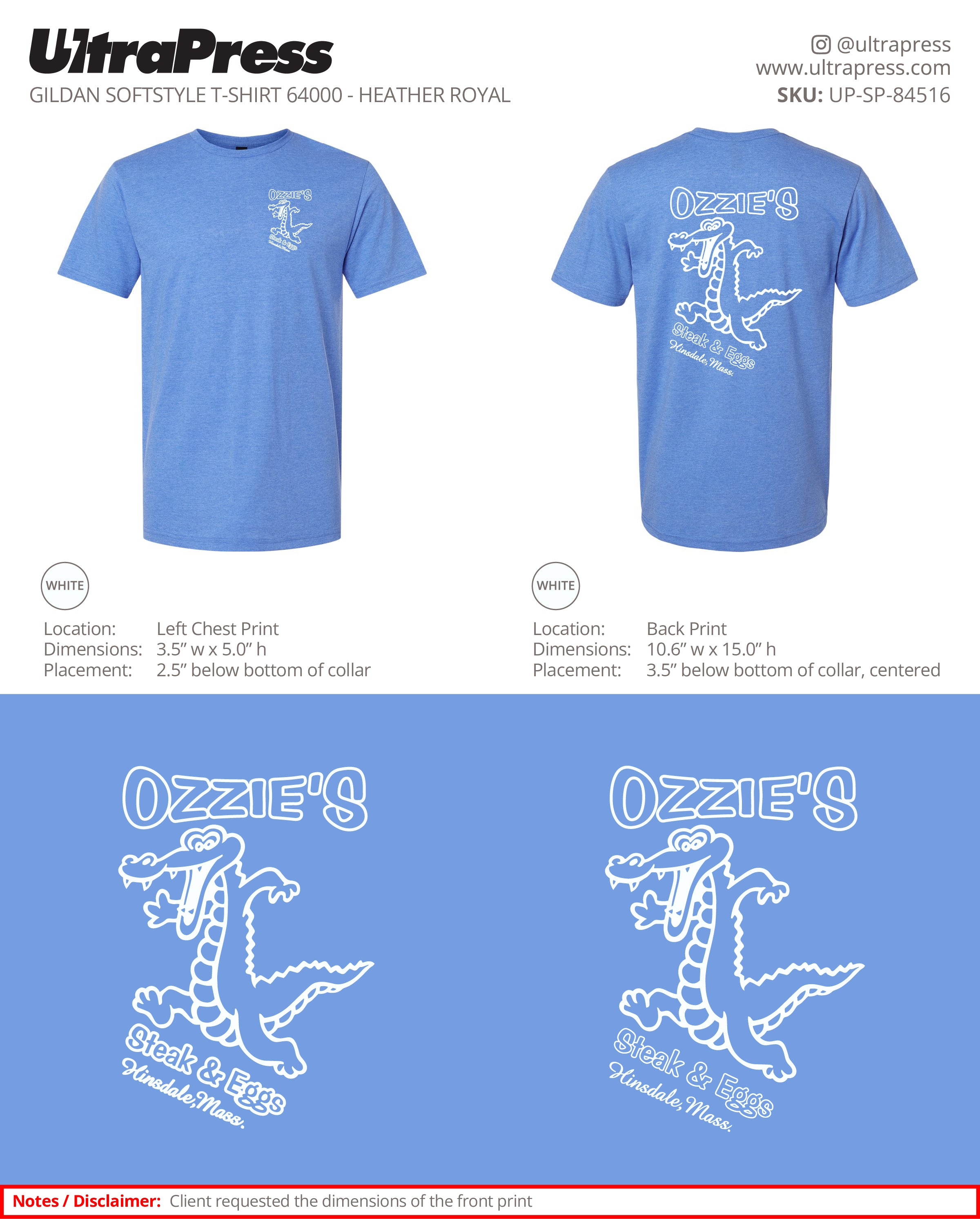 UP-SP-84516 Ozzie's Steak & Eggs Shirts - WHITE INK - Alan Lussier 100 Min Qty (Bulk)