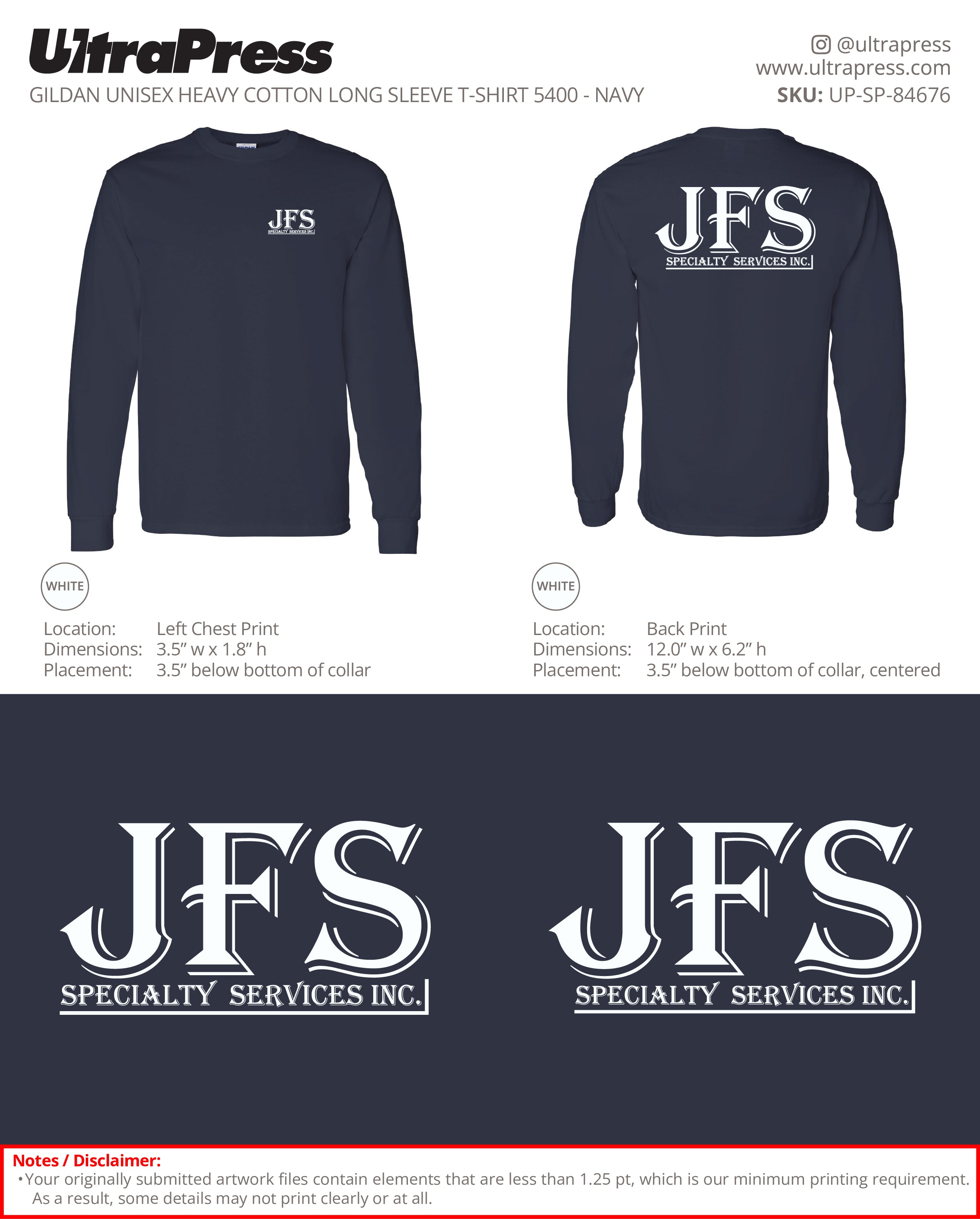 UP-SP-84676 JFS Specialty Services Long Sleeves - Frank Tapia - 50 Min Qty - Package Deal (Bulk)