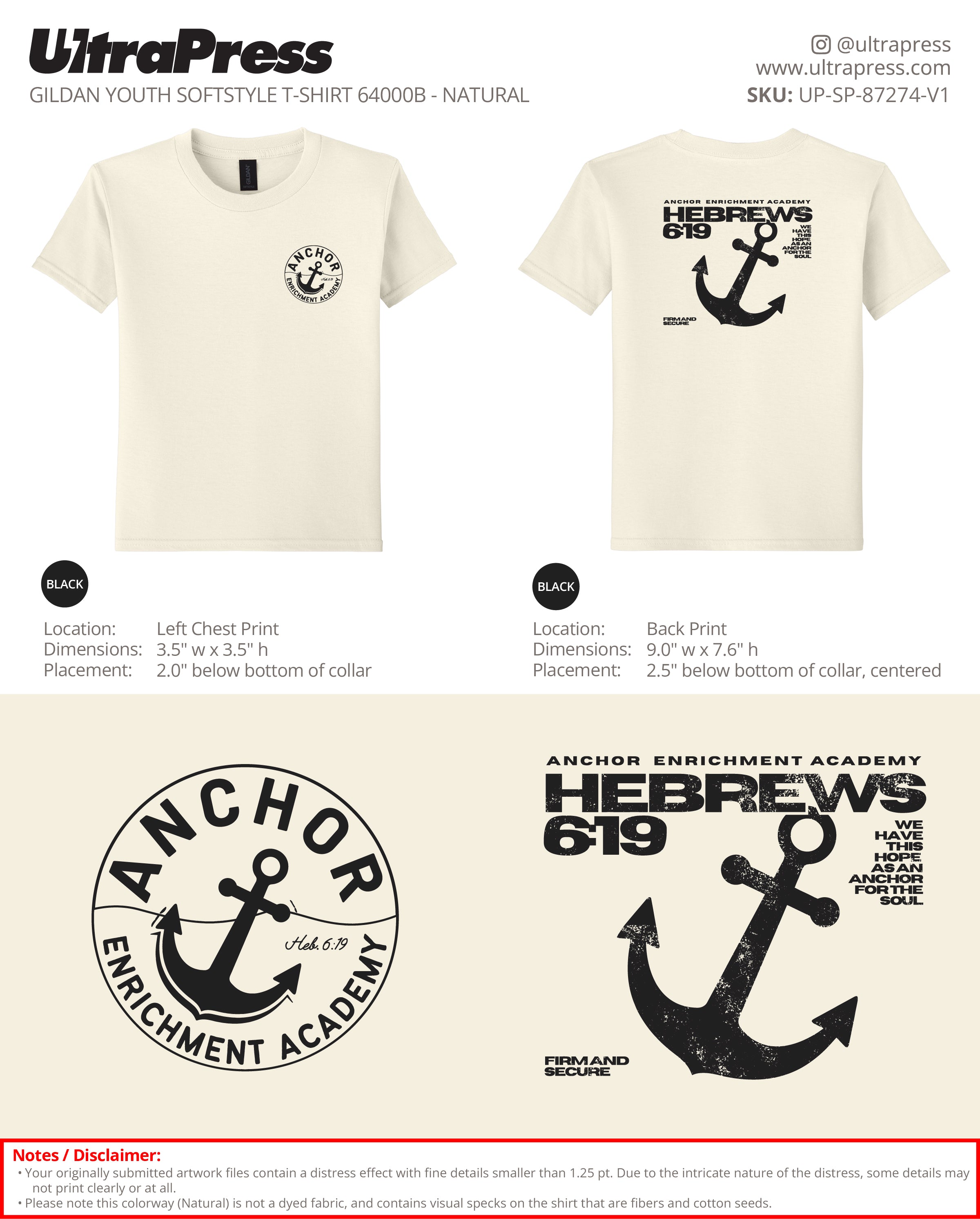 UP-SP-87274 Anchor Enrichment Academy BLACK LOGO Youth - Denna Walker 100 Min Qty (Bulk)