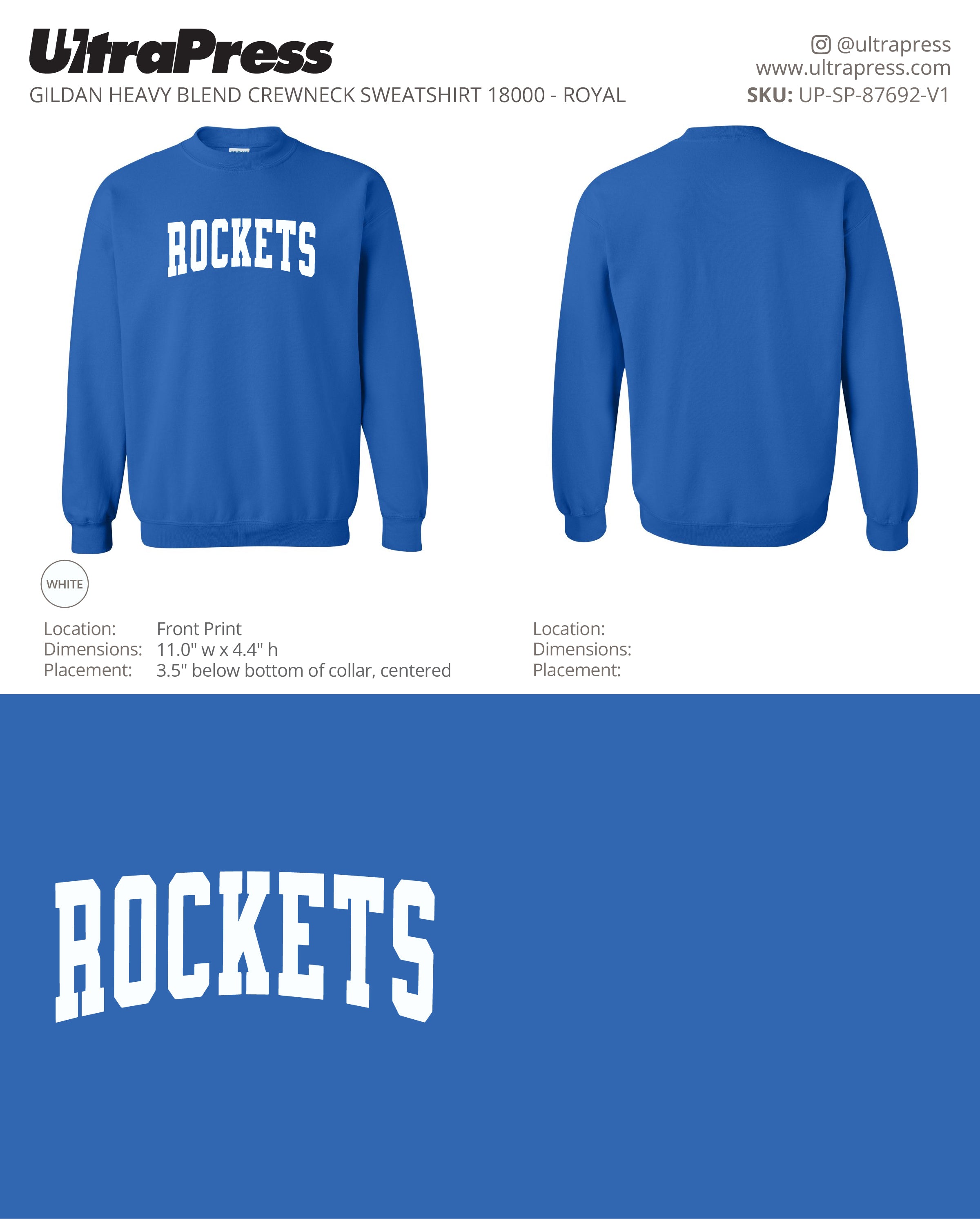 UP-SP-87692 Rutland Elementary Rockets Arched Varsity Adults Crewnecks - Brianna Edser - 50 Min Qty - Package Deal (Bulk)