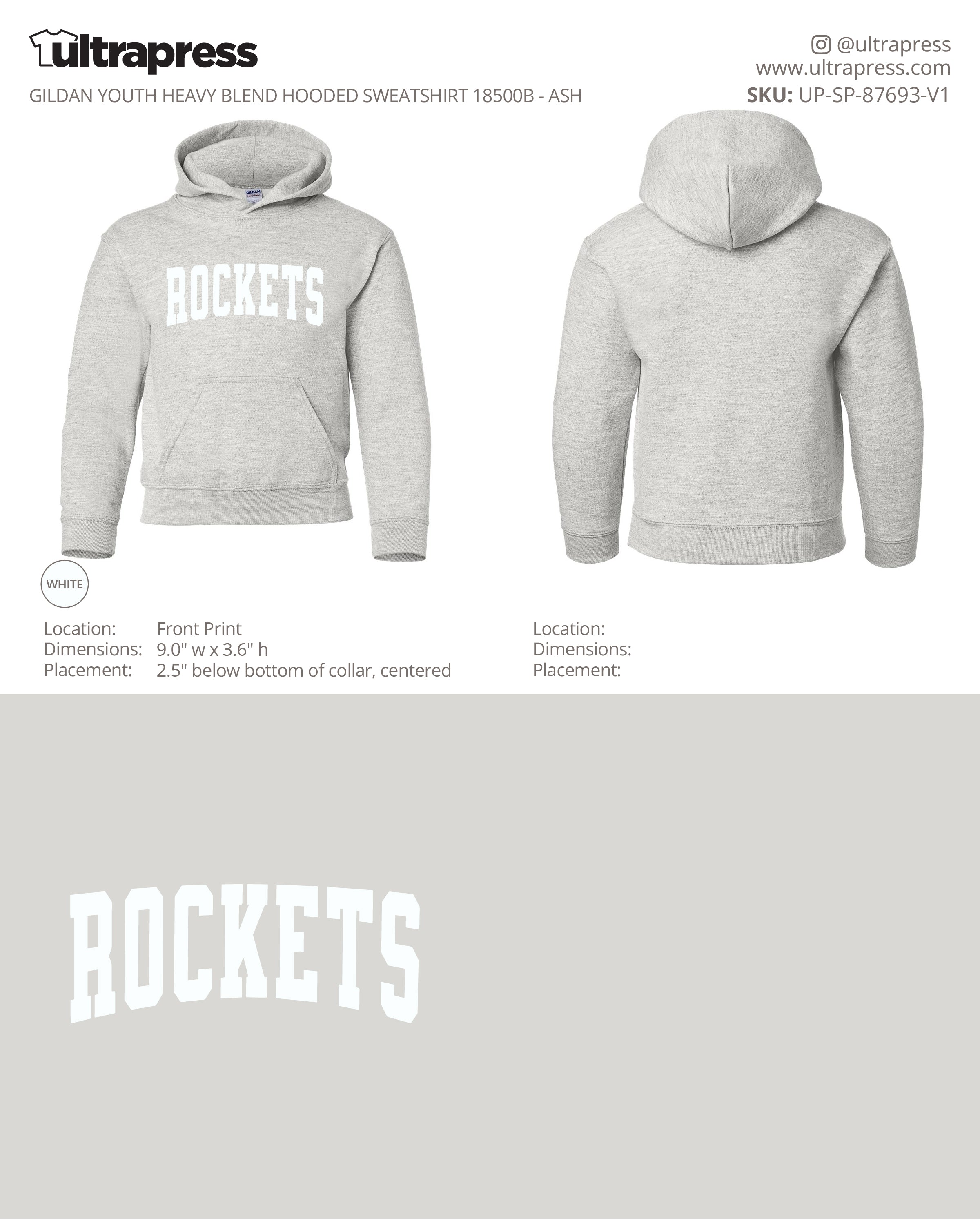 UP-SP-87693 Rutland Elementary Rockets Arched Varsity Youth Hoodies - Brianna Edser - 50 Min Qty - Package Deal (Bulk)
