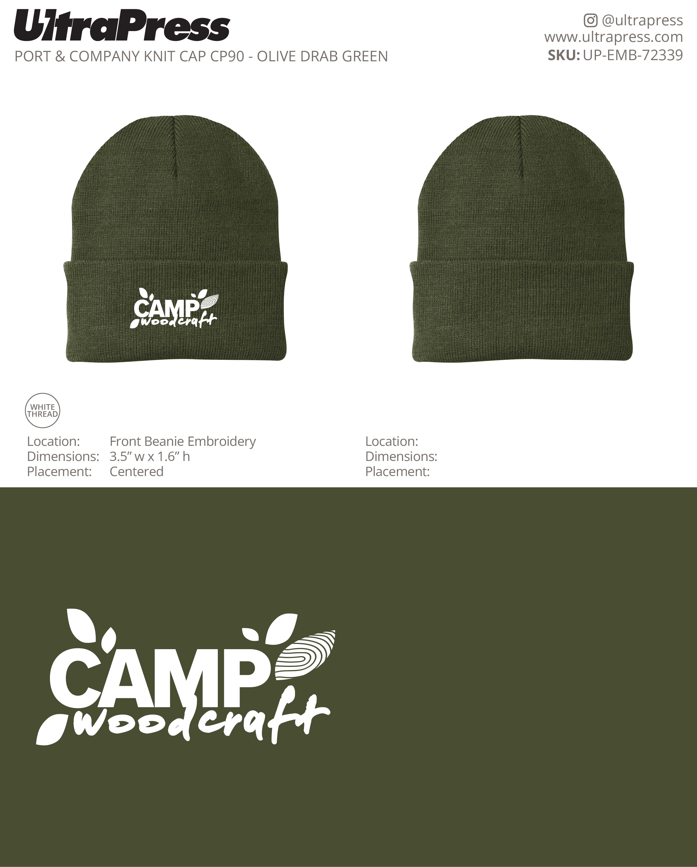 UP-EMB-72339 Camp Woodcraft Embroidered Logo (Beanies) - Israel Serna 250 Min Qty (Bulk)