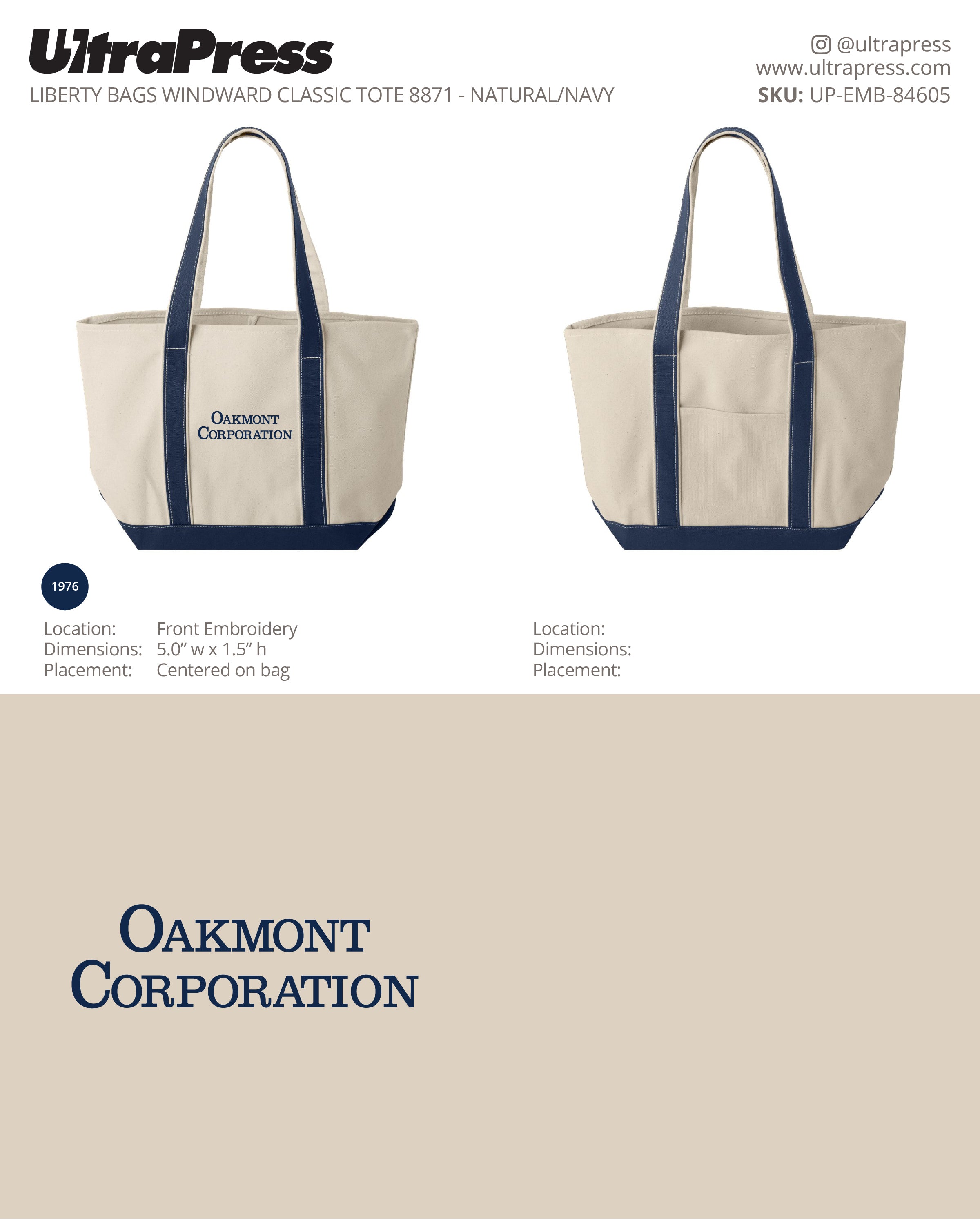 UP-EMB-84605 Embroidered Tote Bags - Oakmont Corporation - 100 Min Qty (Bulk)