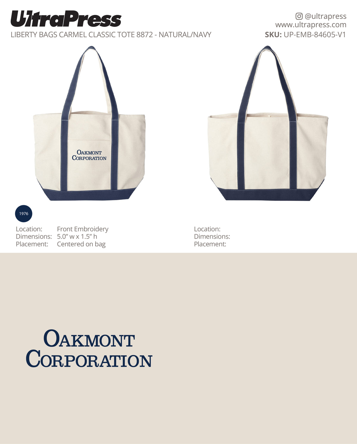 UP-EMB-84605 Embroidered Tote Bag XL SIZE - Oakmont Corporation - 100 Min Qty (Bulk)