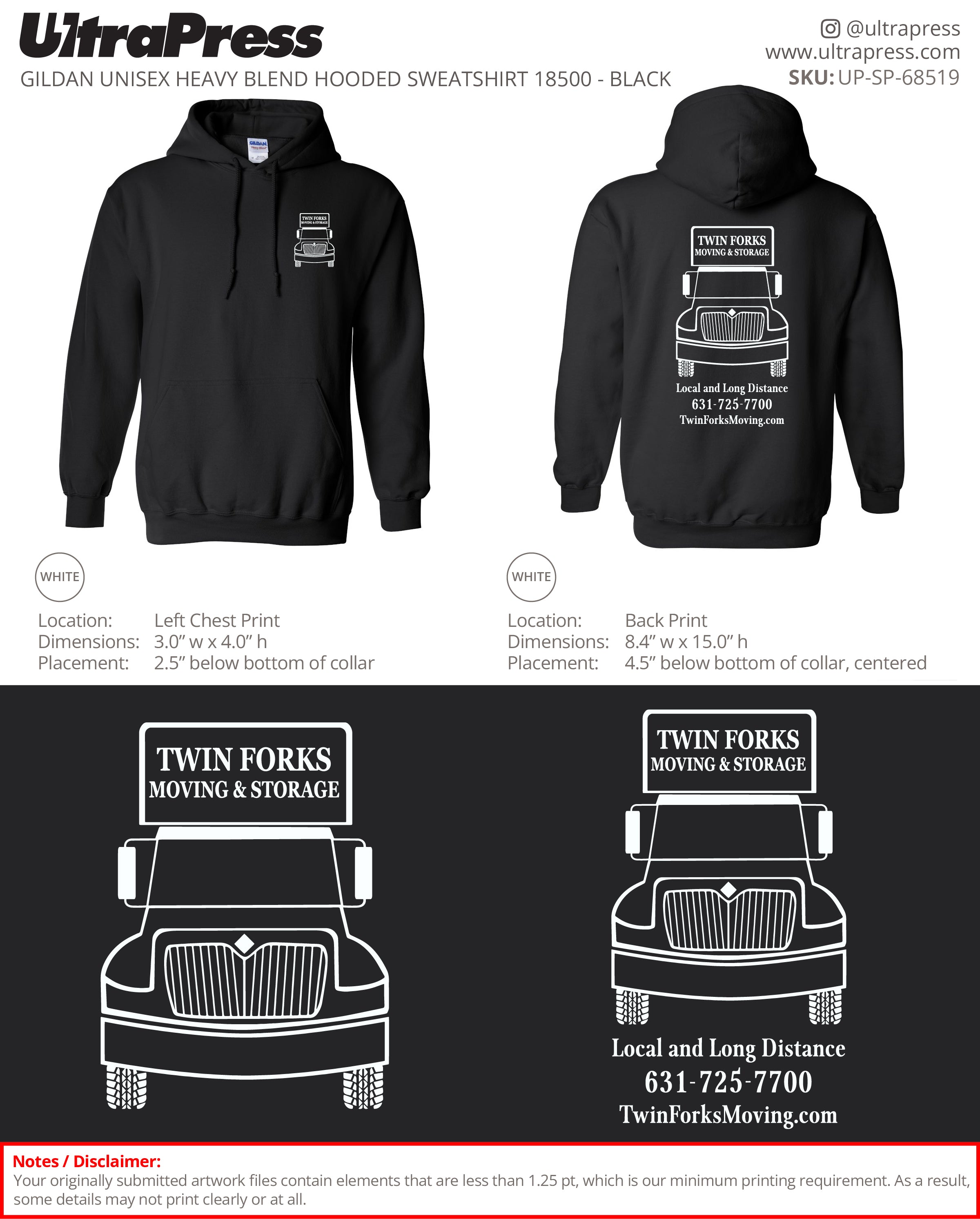 UP-SP-68519 Twin Forks Moving and Storage (White Ink) Hoodies - Cate Quigley 50 Min Qty (Bulk)