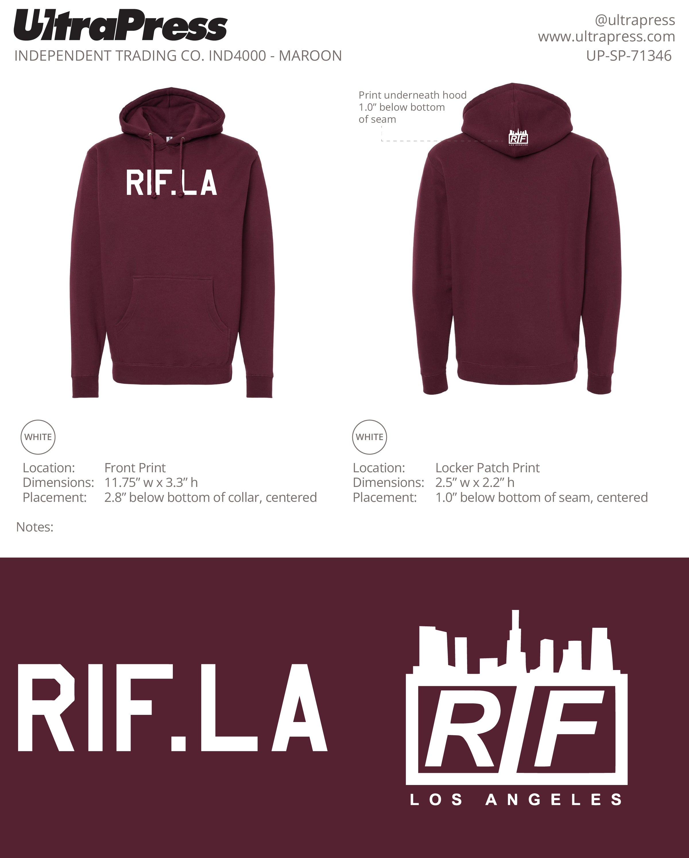 UP-SP-71346 RIF.LA Hoodies - White Ink 72 Min Qty (Bulk)