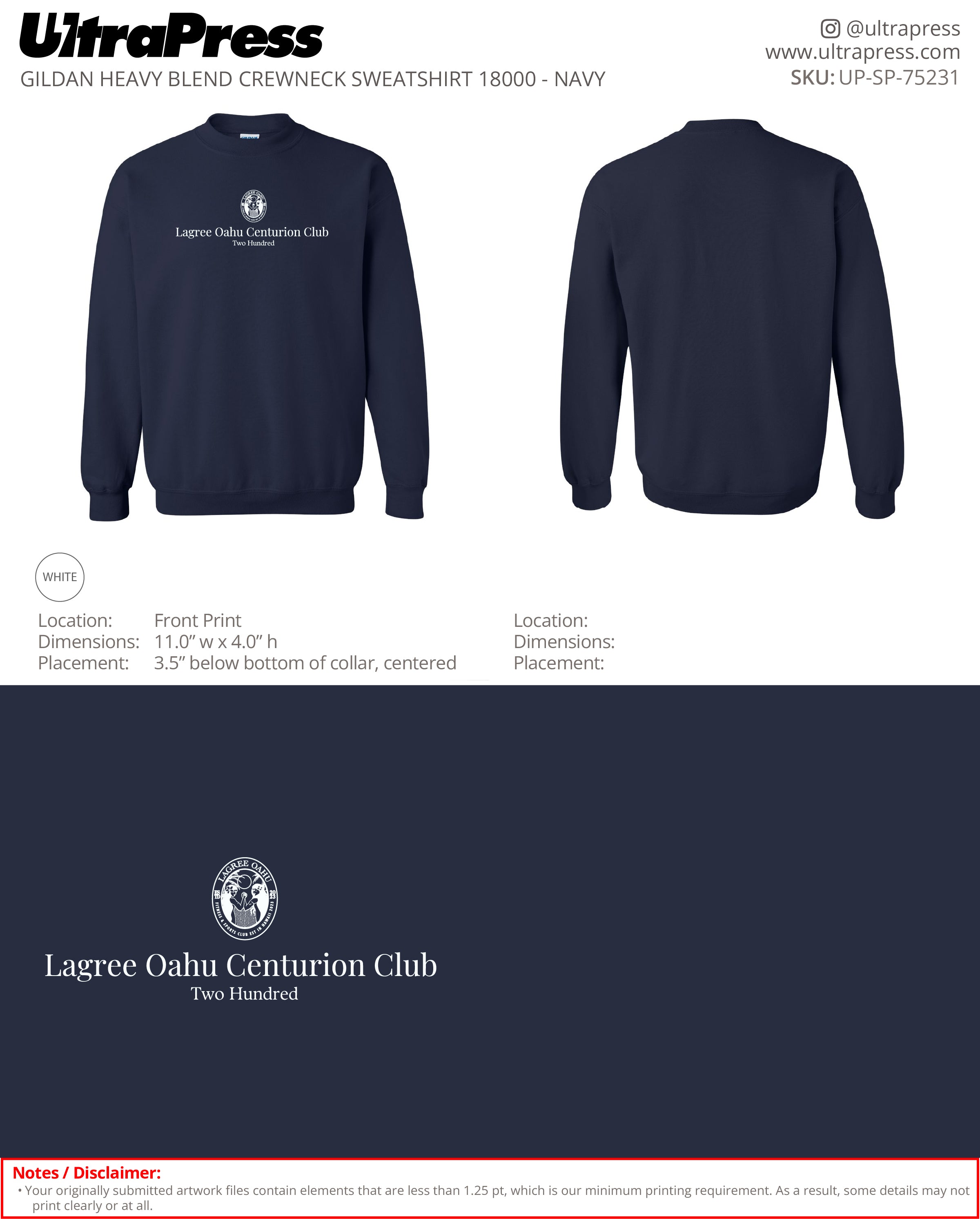 UP-SP-75231 Largee Oahu Centurion Club (Navy Sweatshirts) - Sunny Oh - 50 Min Qty (Bulk)
