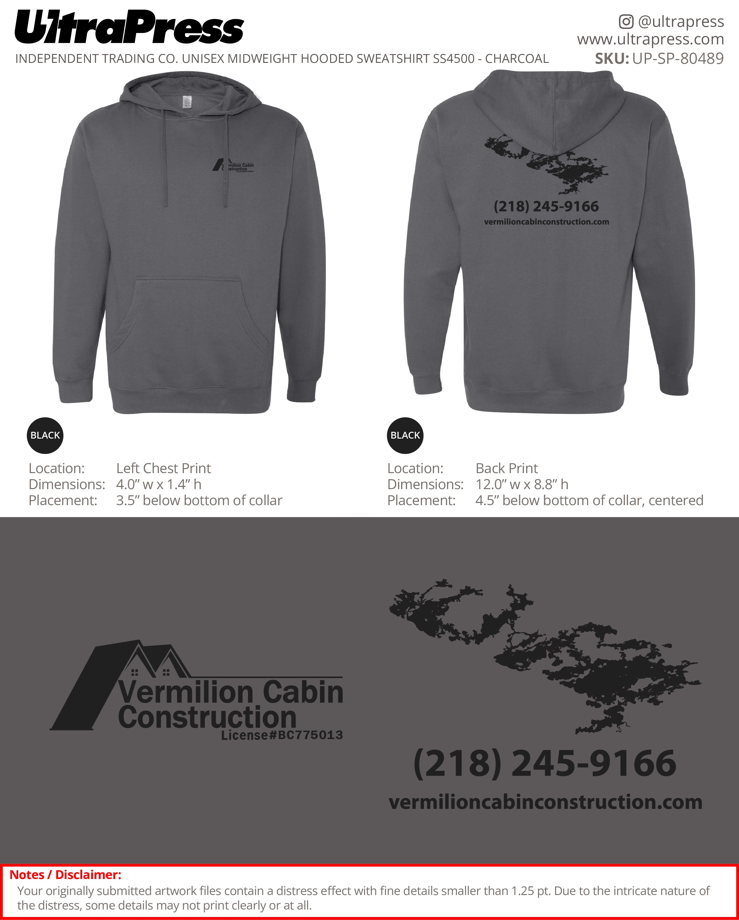 UP-SP-80489 Vermilion Cabin Construction (Hoodies) - Travis Leinonen 50 Min Qty (Bulk)