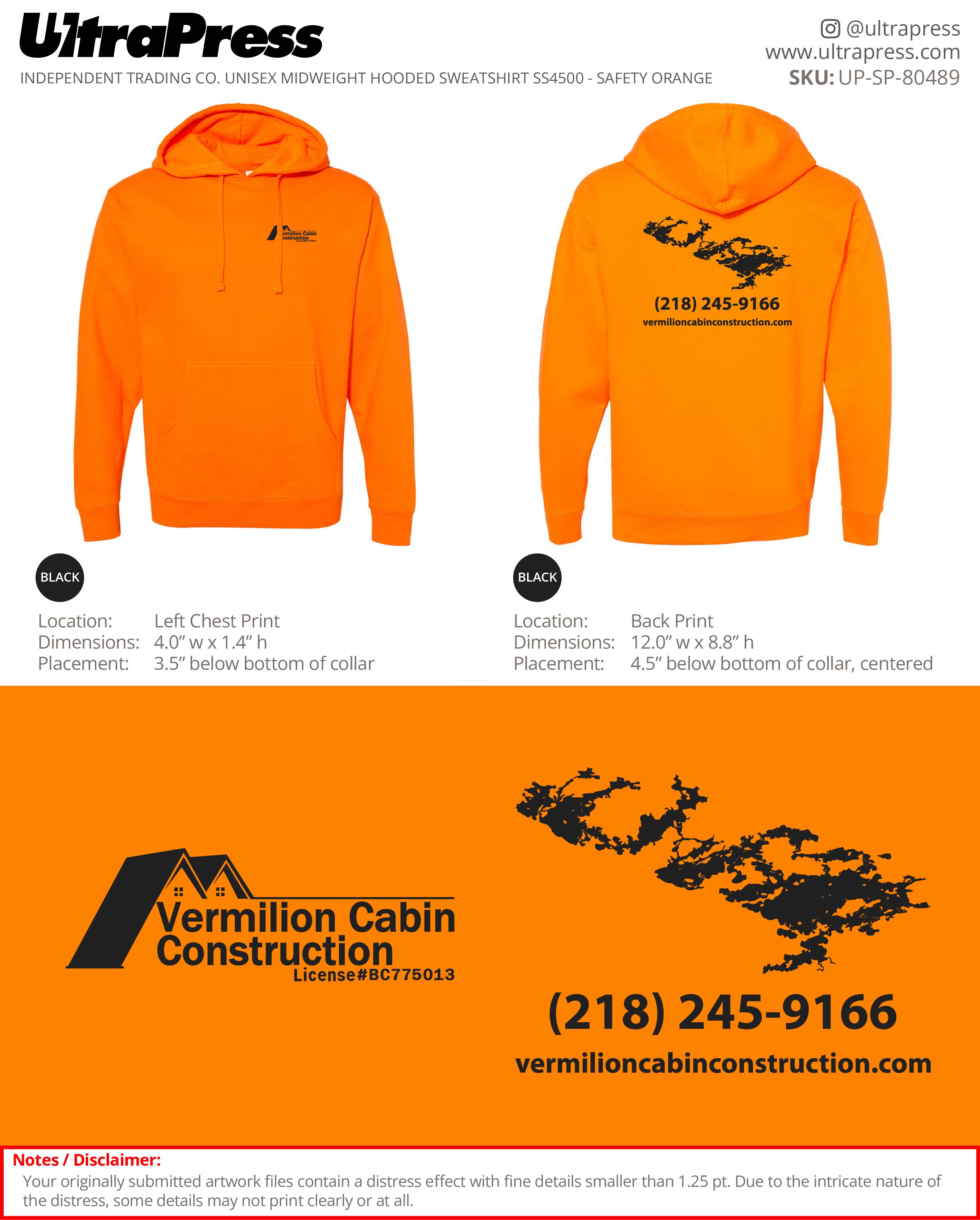 UP-SP-80489 Vermilion Cabin Construction (Hoodies) - Travis Leinonen 50 Min Qty (Bulk)