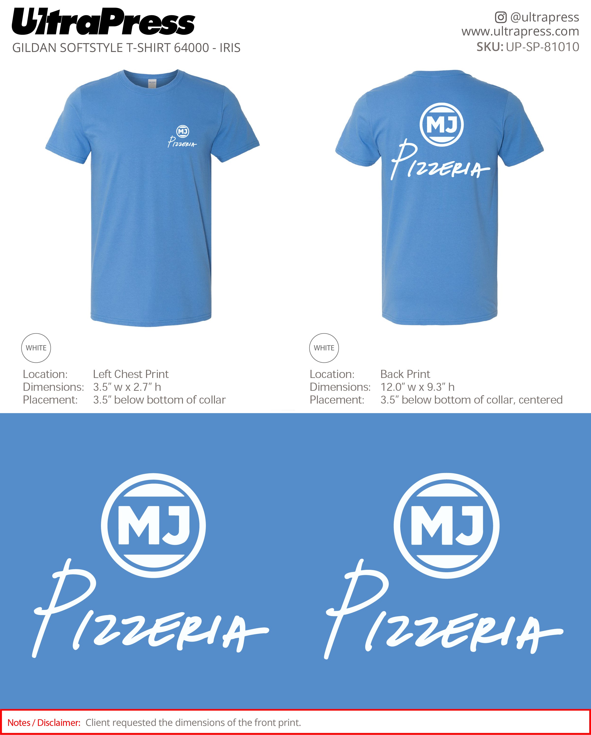 UP-SP-81010 MJ Pizzeria White Logo - Miles James 50 Min Qty (Bulk)