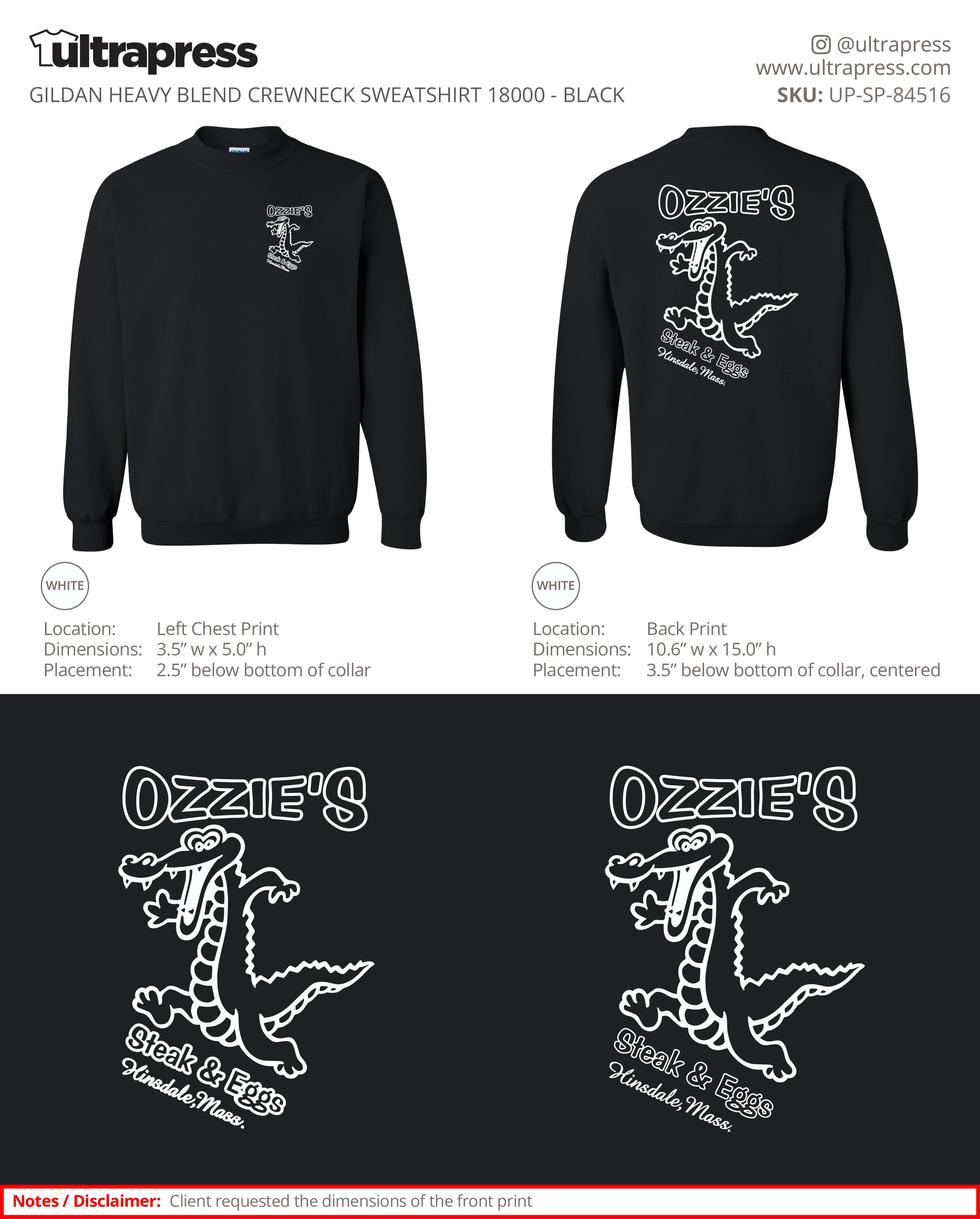 UP-SP-84516 Ozzie's Steak & Eggs Crewnecks - Alan Lussier - 50 Min Qty - Package Deal (Bulk)