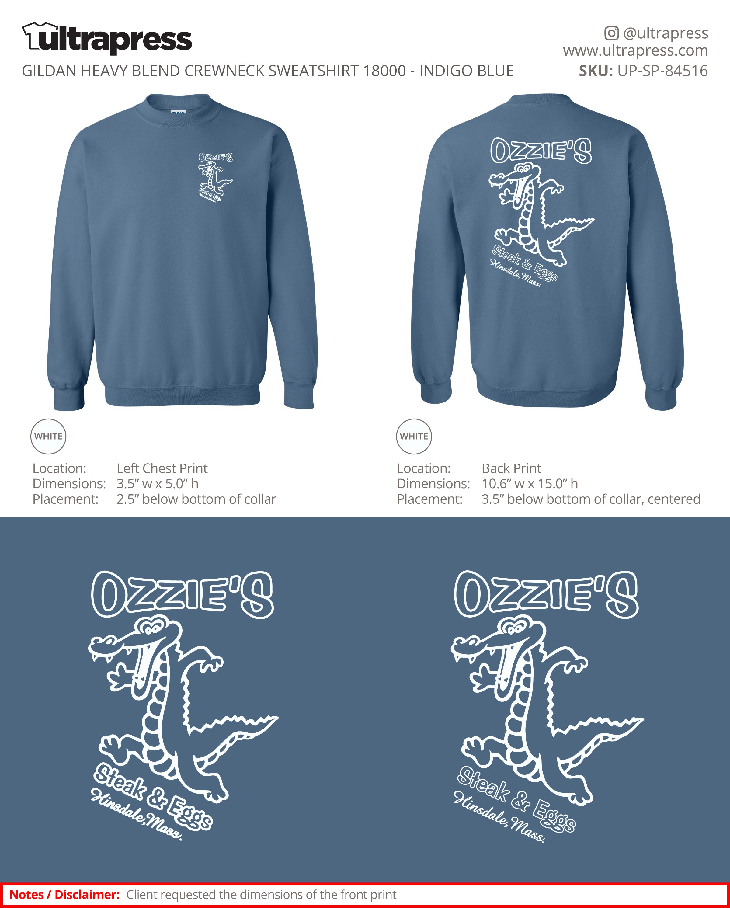 UP-SP-84516 Ozzie's Steak & Eggs Crewnecks - Alan Lussier - 50 Min Qty - Package Deal (Bulk)
