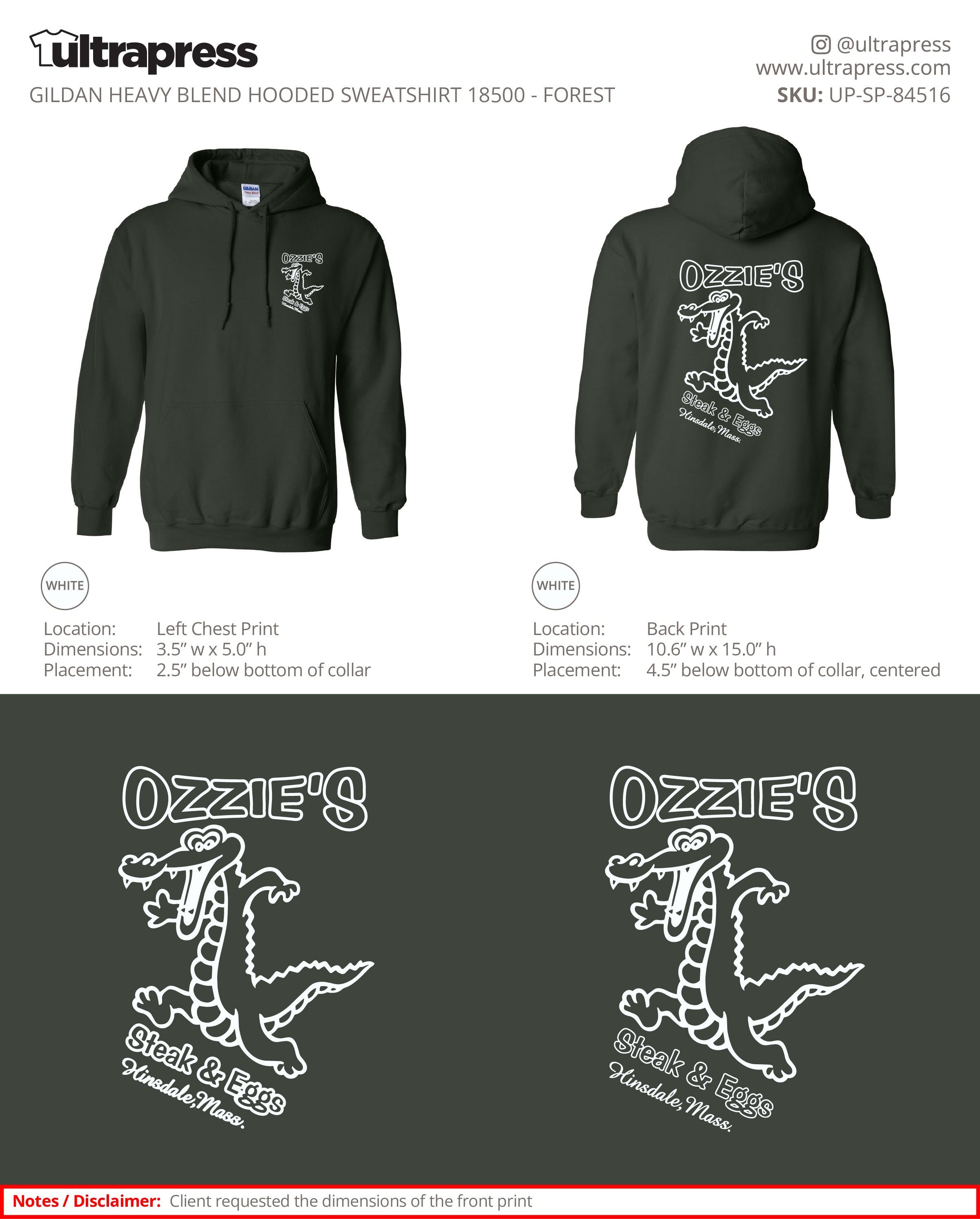UP-SP-84516 Ozzie's Steak & Eggs Hoodies - Alan Lussier - 50 Min Qty - Package Deal (Bulk)