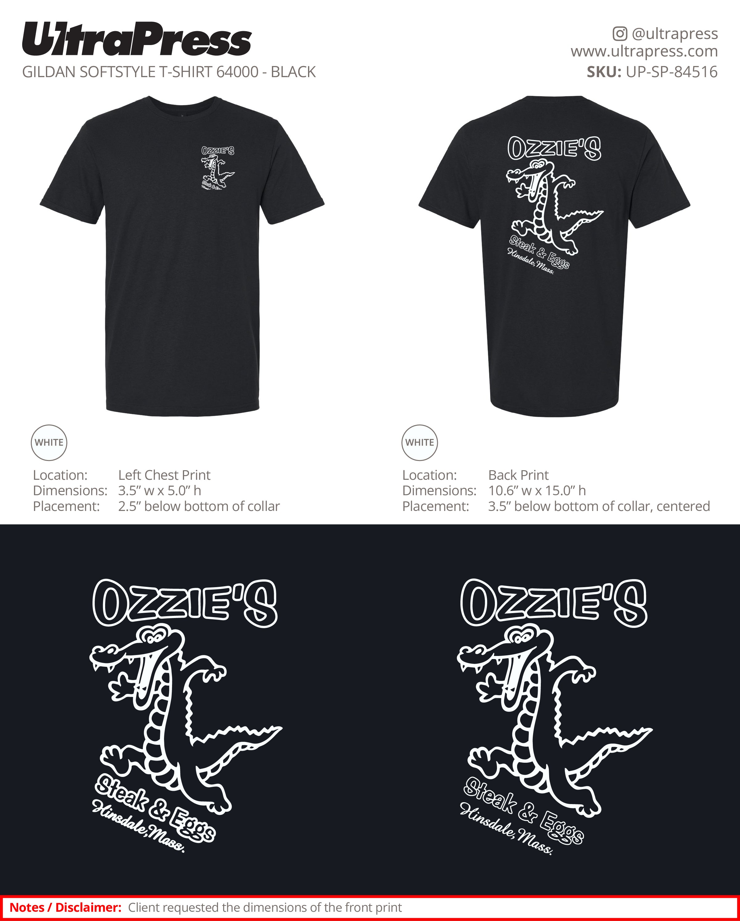 UP-SP-84516 Ozzie's Steak & Eggs Shirts - WHITE INK -  Alan Lussier 100 Min Qty (Bulk)