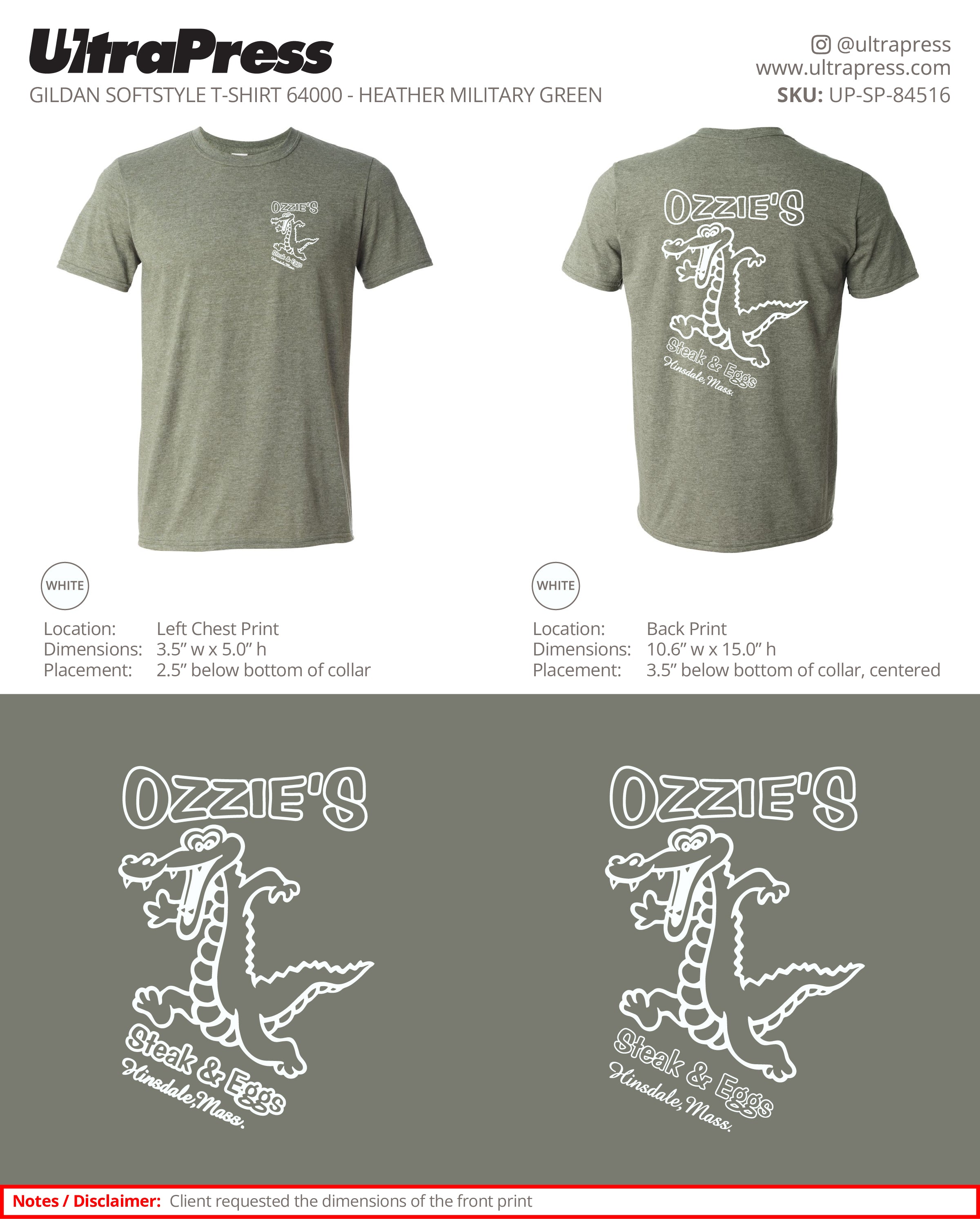 UP-SP-84516 Ozzie's Steak & Eggs Shirts - WHITE INK -  Alan Lussier 100 Min Qty (Bulk)