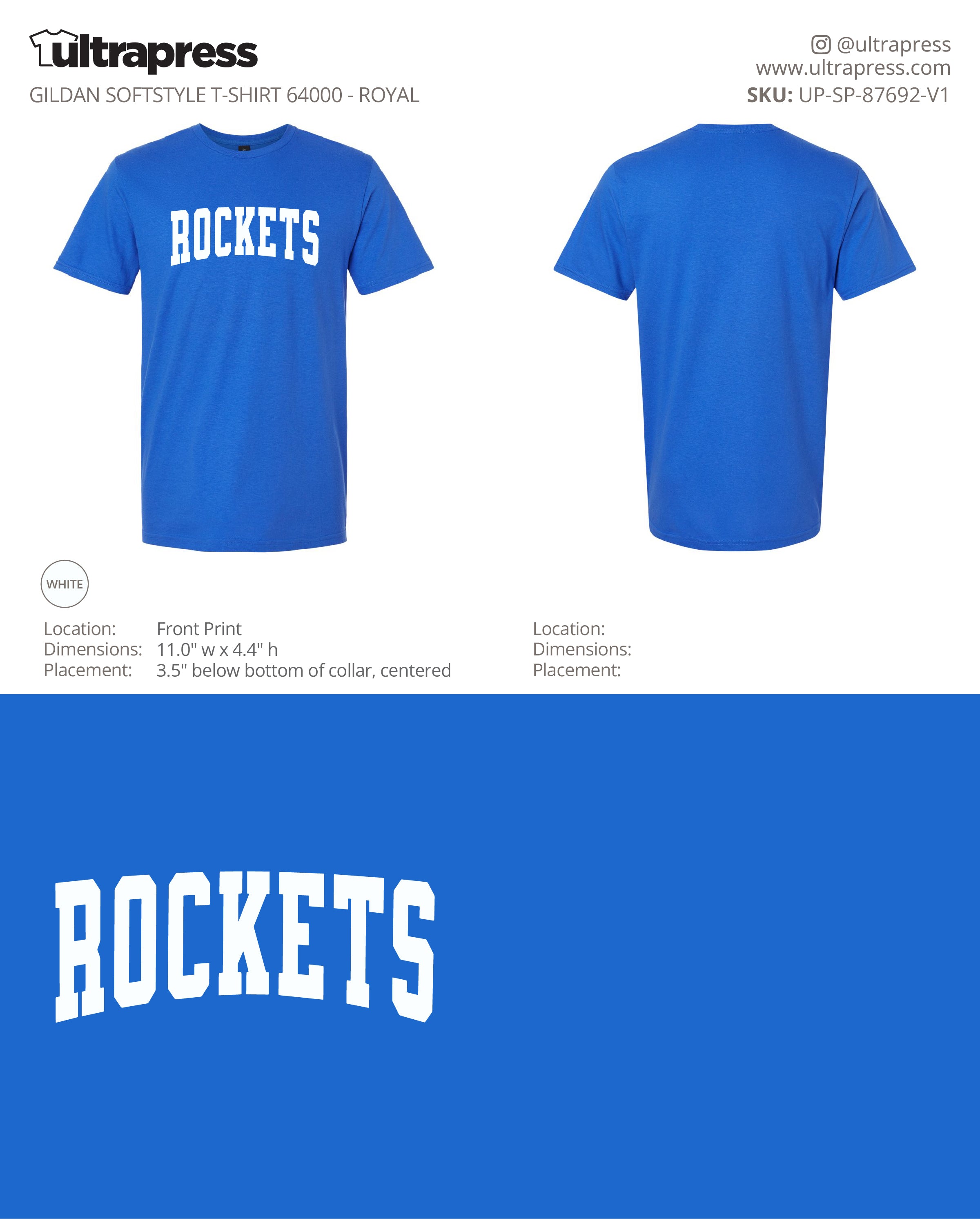 UP-SP-87692 Rutland Elementary Rockets Arched Varsity Adults T-Shirts - Brianna Edser - 50 Min Qty - Package Deal (Bulk)