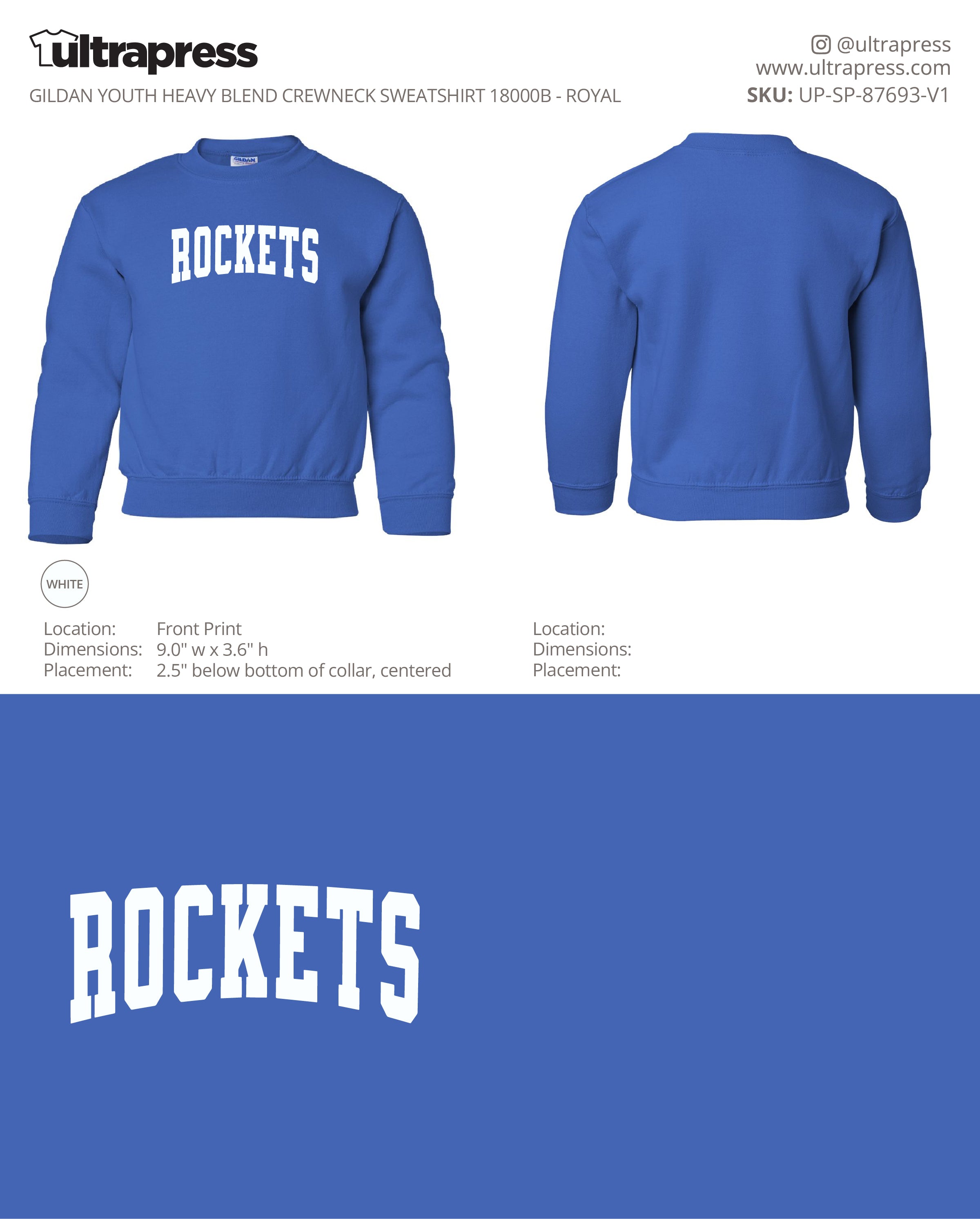 UP-SP-87693 Rutland Elementary Rockets Arched Varsity Youth Crewnecks - Brianna Edser - 50 Min Qty - Package Deal (Bulk)