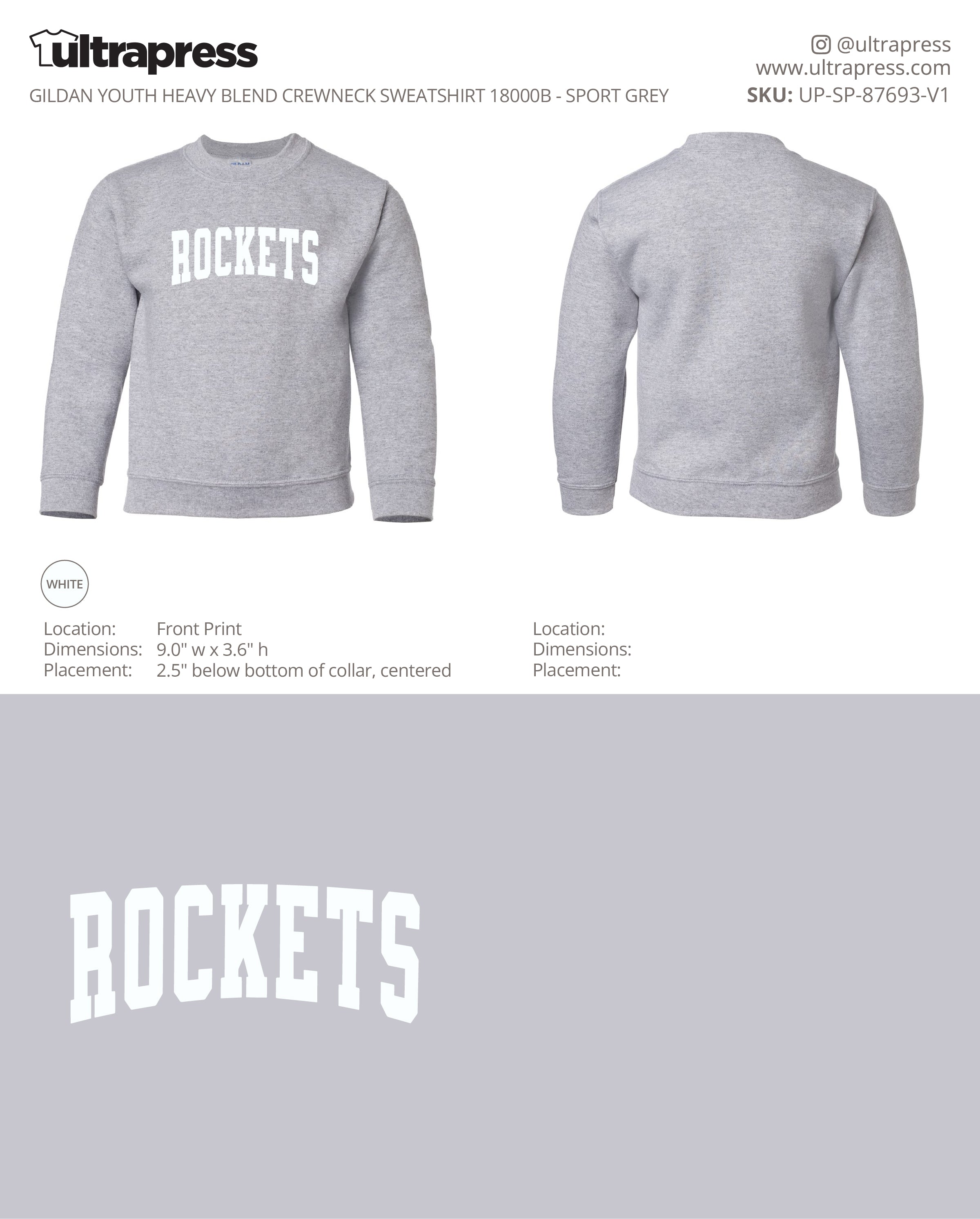 UP-SP-87693 Rutland Elementary Rockets Arched Varsity Youth Crewnecks - Brianna Edser - 50 Min Qty - Package Deal (Bulk)