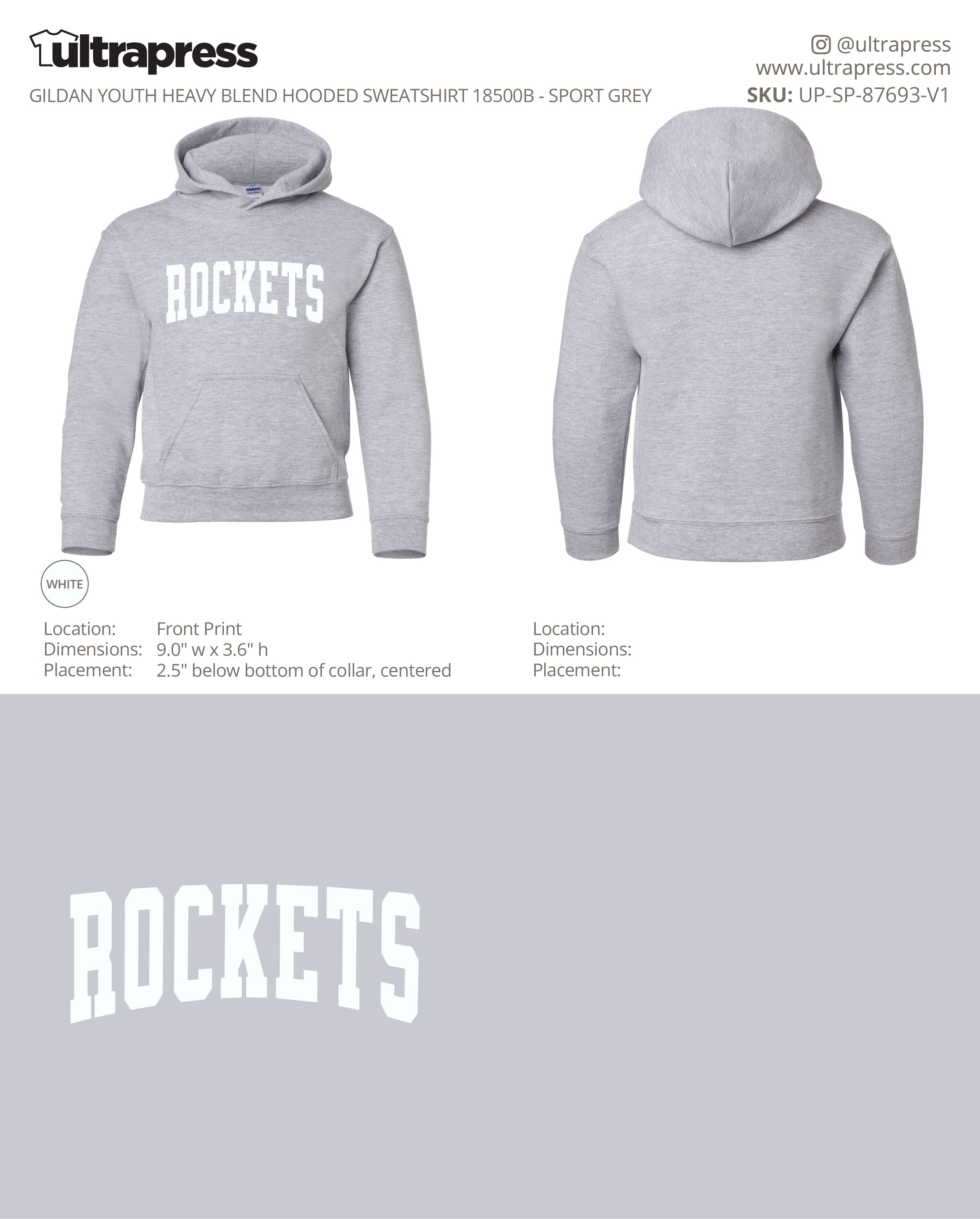 UP-SP-87693 Rutland Elementary Rockets Arched Varsity Youth Hoodies - Brianna Edser - 50 Min Qty - Package Deal (Bulk)