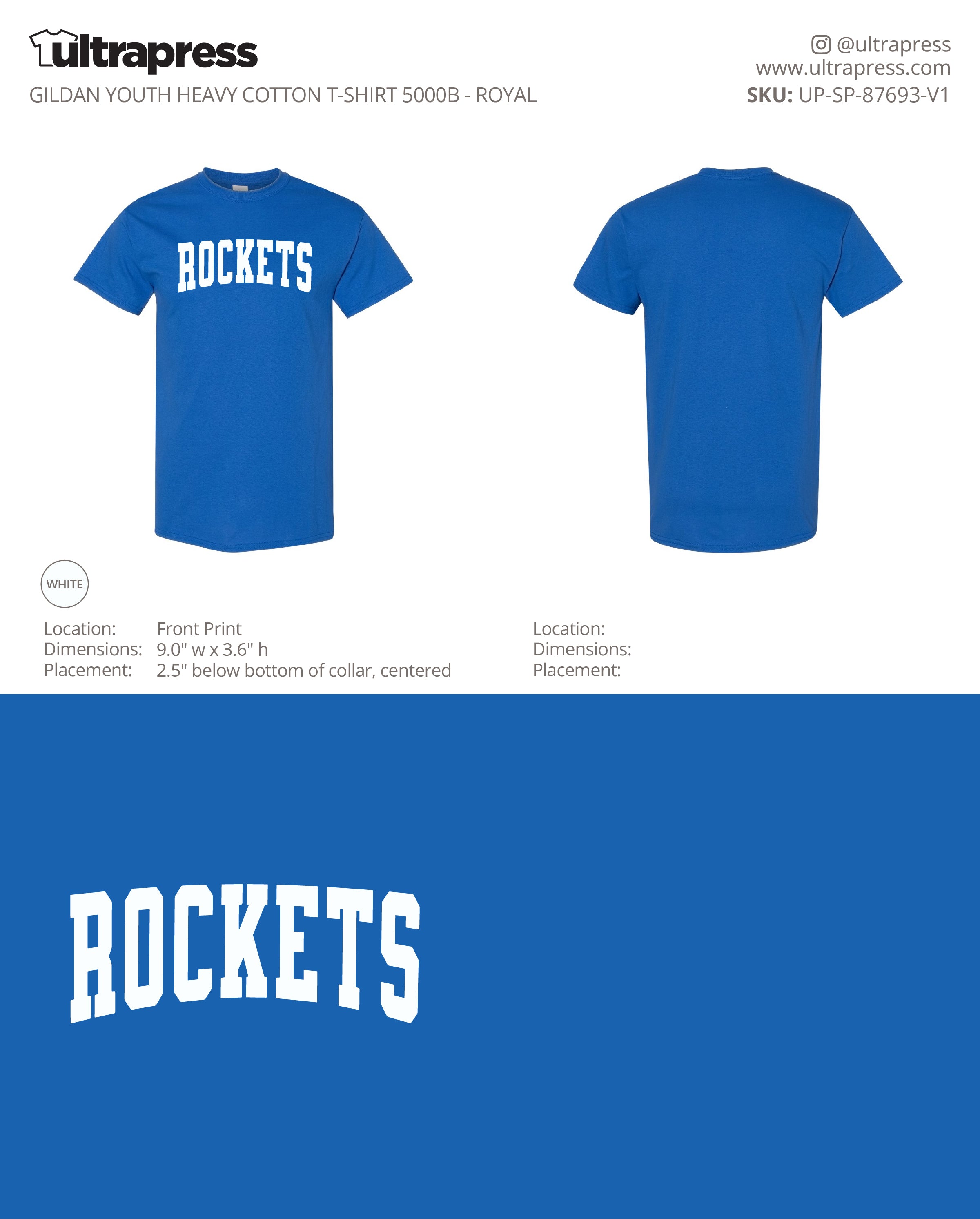 UP-SP-87693 Rutland Elementary Rockets Arched Varsity Youth T-Shirts - Brianna Edser - 100 Min Qty - Package Deal (Bulk)